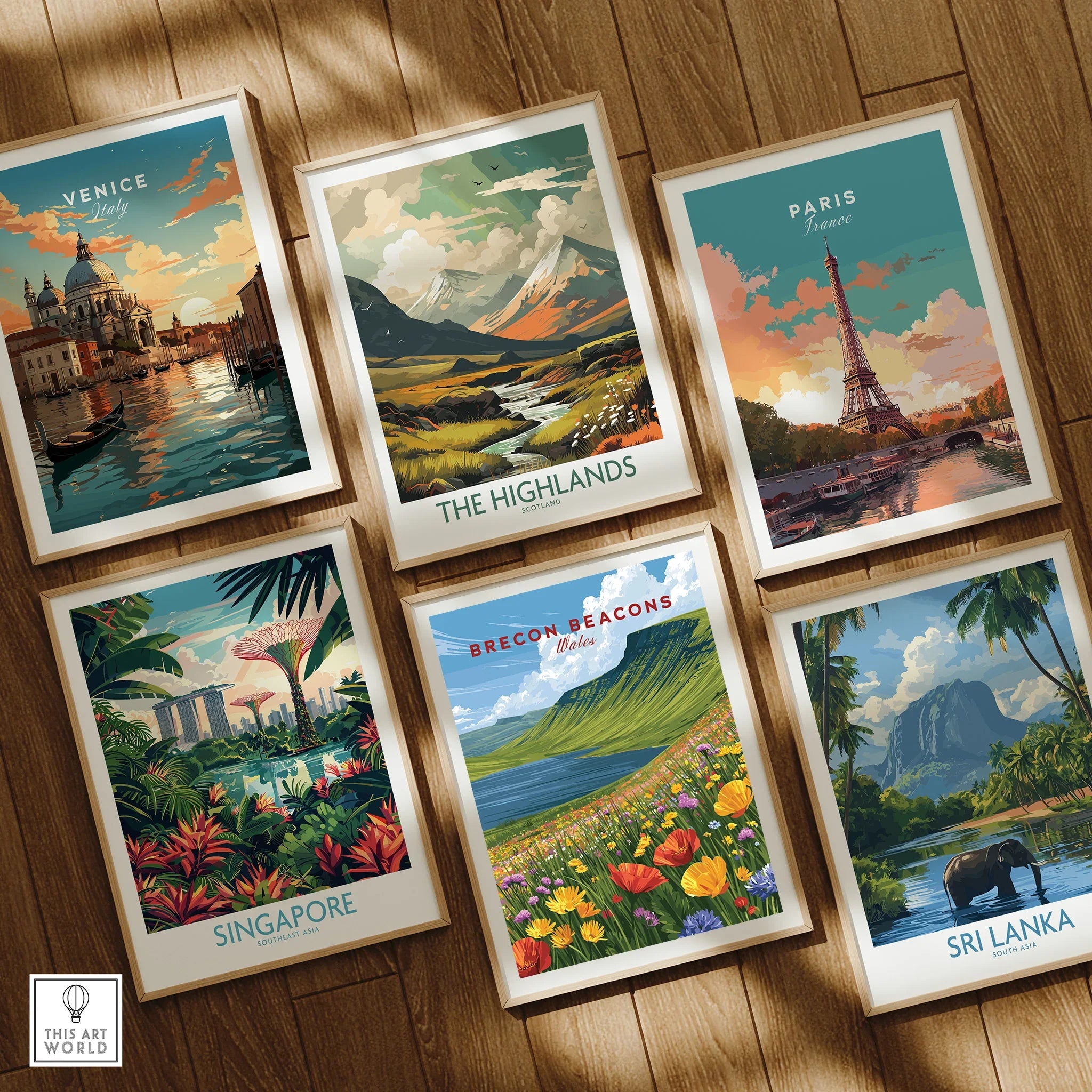 Brecon Beacons Wales Mountain Lake Travel Poster — set six framed art prints wooden floor natural wood frames