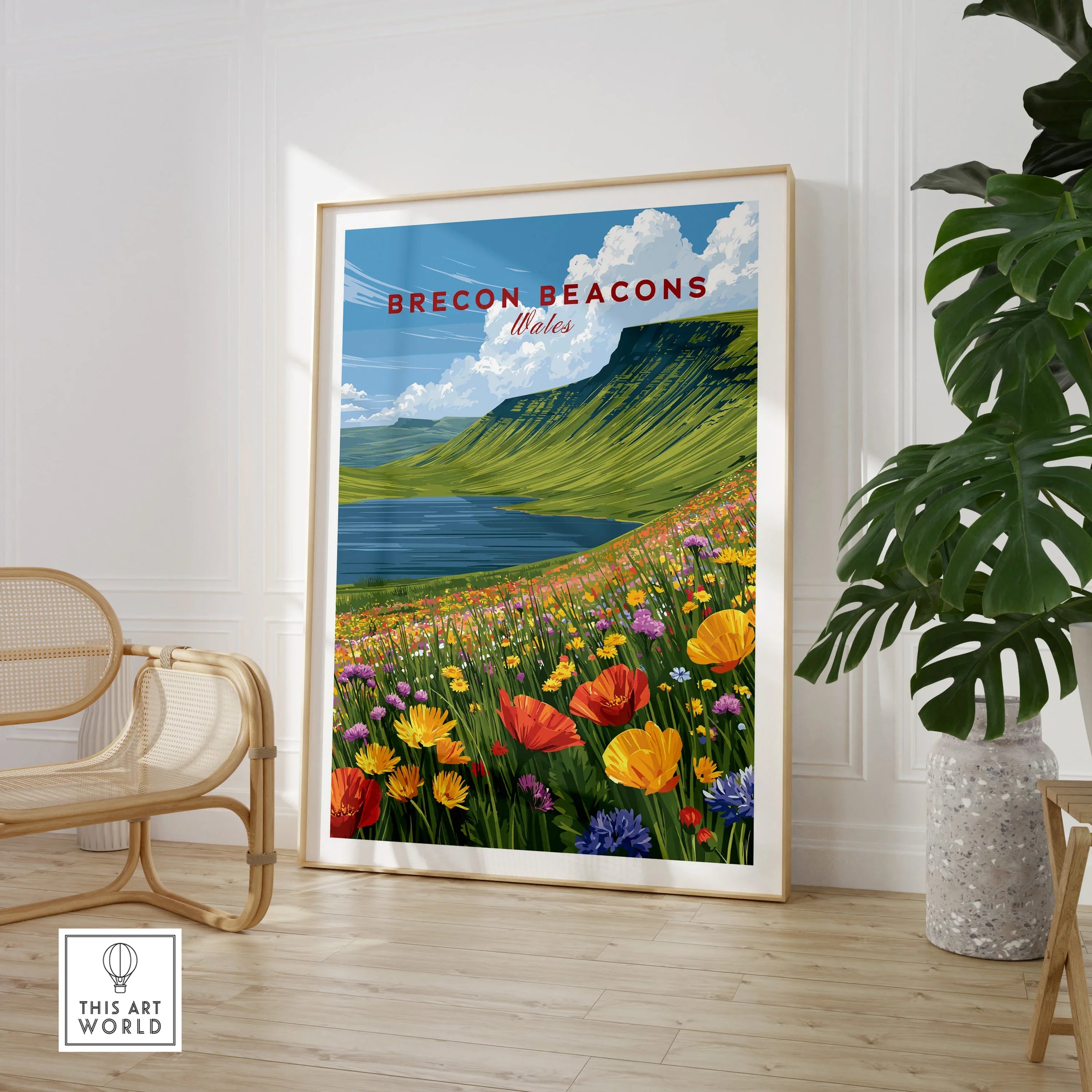 Brecon Beacons Wales Mountain Lake Travel Poster — large framed print room setting chair plant