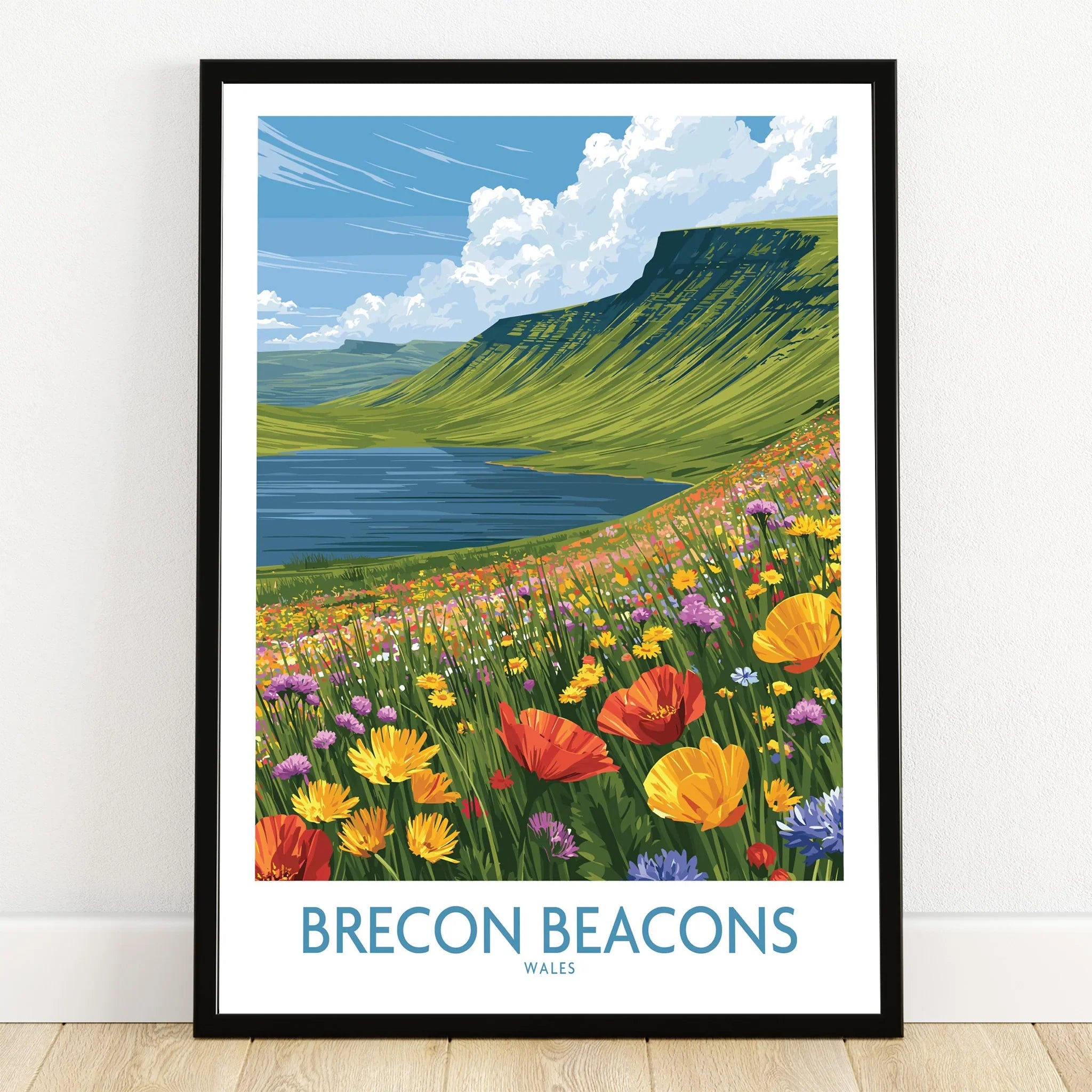 Brecon Beacons Wales Mountain Lake Wall Art — art print in black frame on wooden floor