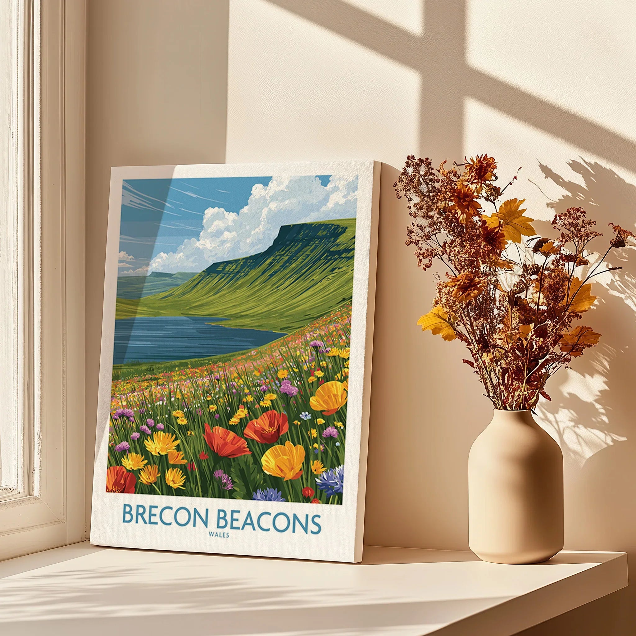 Brecon Beacons Wales Mountain Lake Wall Art — canvas print window setting with shadows flowers