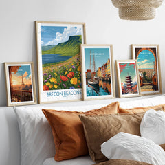 Brecon Beacons Wales Mountain Lake Wall Art — set five framed artprints above bed natural wood frames