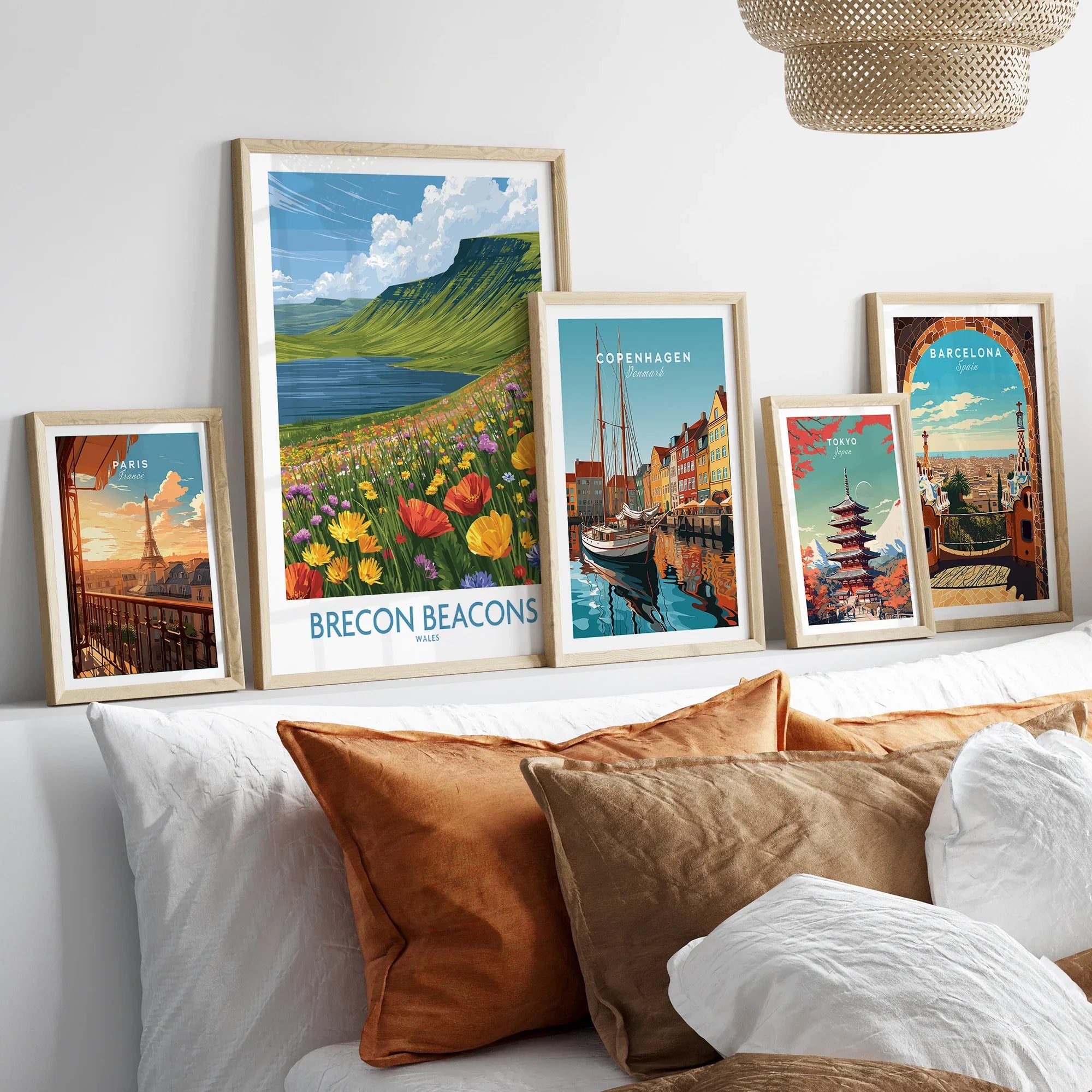 Brecon Beacons Wales Mountain Lake Wall Art — set five framed artprints above bed natural wood frames