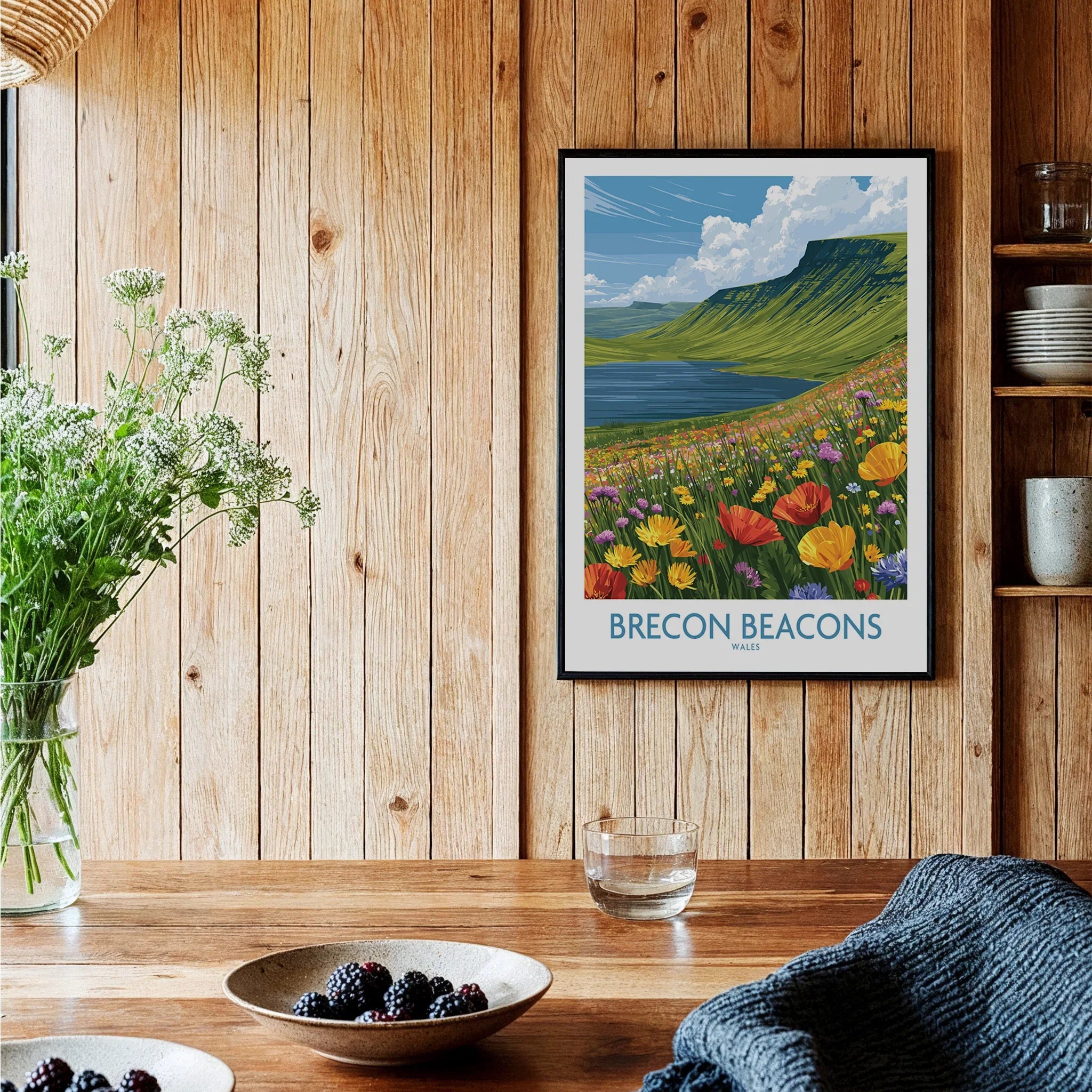 Brecon Beacons Wales Mountain Lake Wall Art — black framed art print kitchen setting