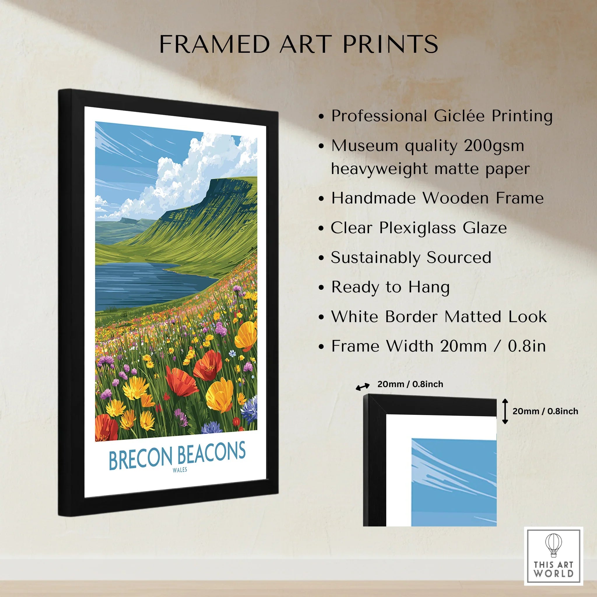 Brecon Beacons Wales Mountain Lake Wall Art — framed print details measurements quality details