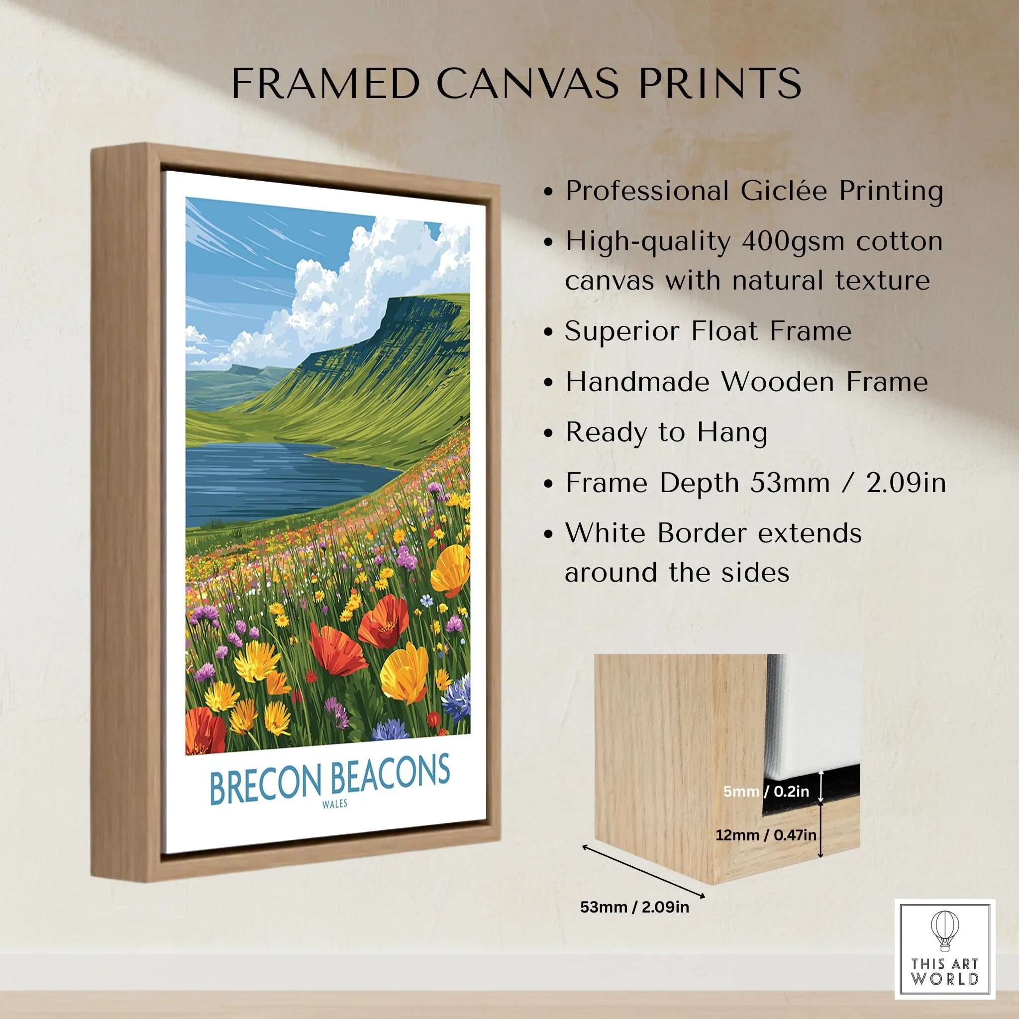 Brecon Beacons Wales Mountain Lake Wall Art — framed canvas float frame details quality