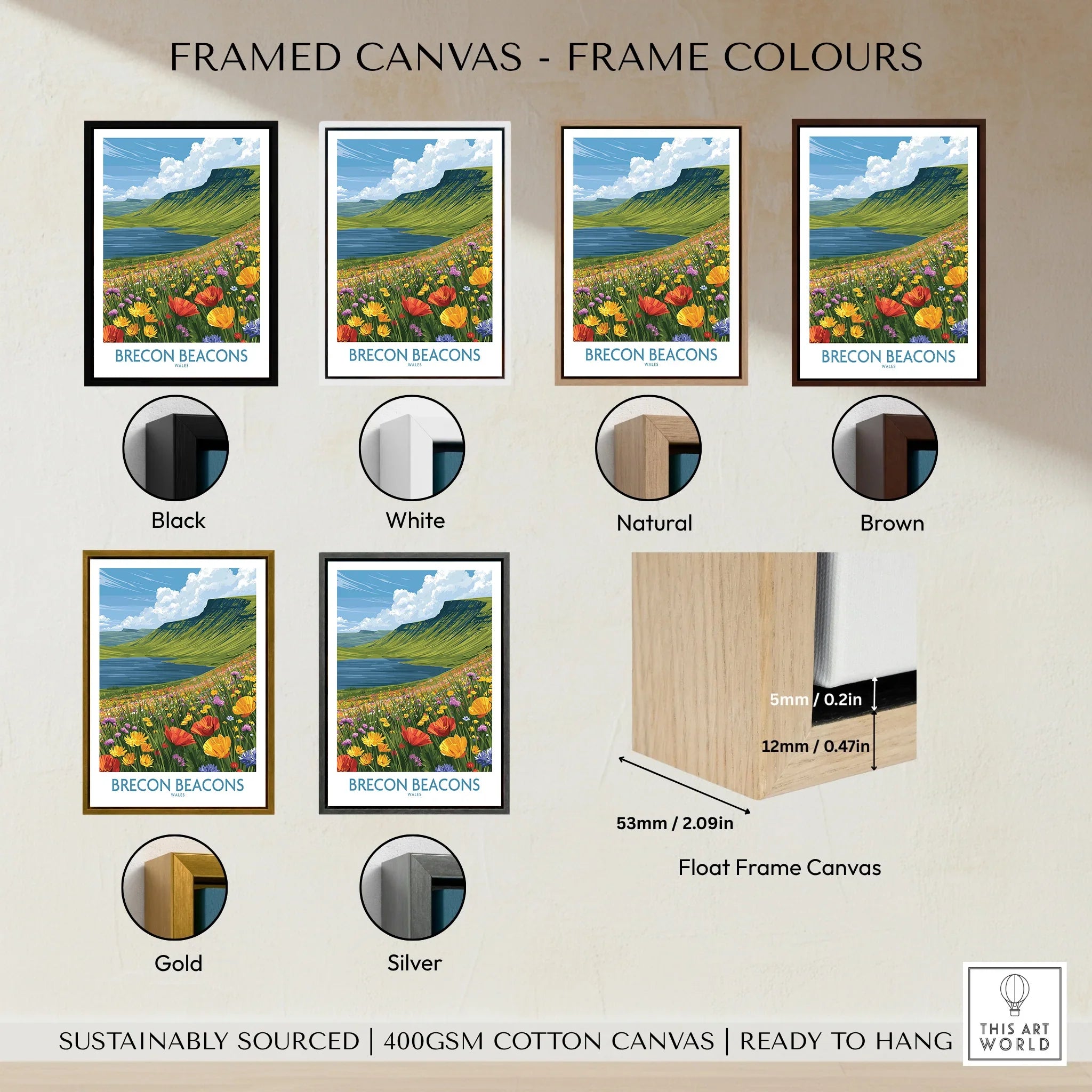 Brecon Beacons Wales Mountain Lake Wall Art — framed canvas float frame colour options