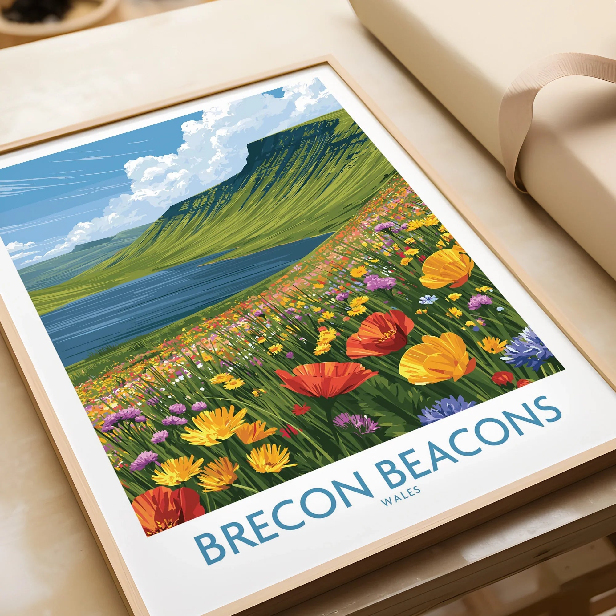 Brecon Beacons Wales Mountain Lake Wall Art — framed art print closeup gift unwrapped natural frame