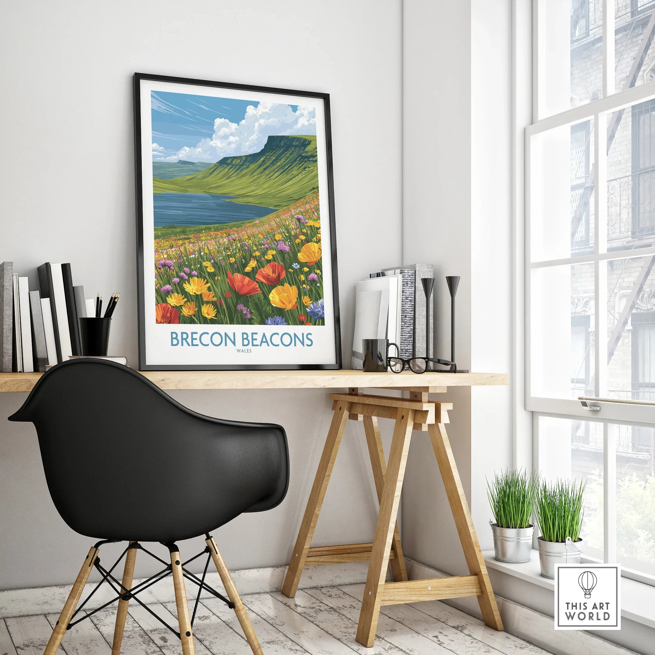 Brecon Beacons Wales Mountain Lake Wall Art — framed poster black frame on office desk modern
