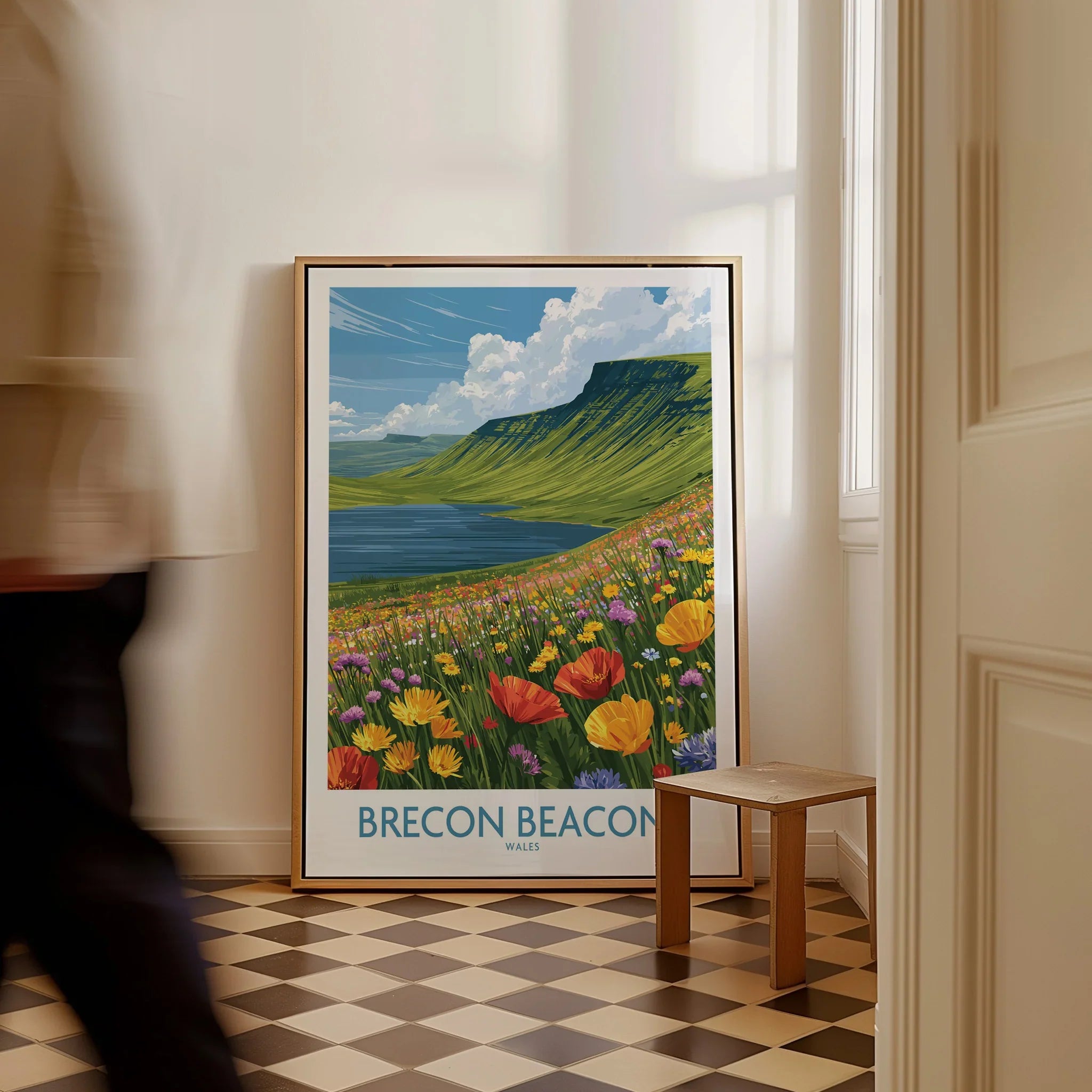 Brecon Beacons Wales Mountain Lake Wall Art — framed canvas on floor man walking past