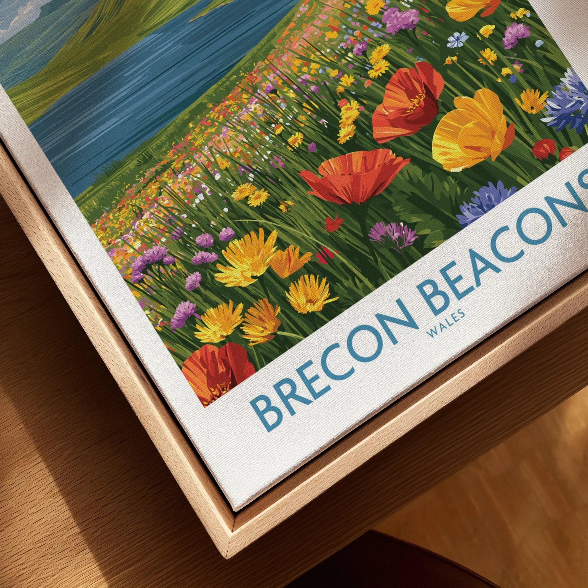 Brecon Beacons Wales Mountain Lake Wall Art — closeup framed canvas natural wood floating frame