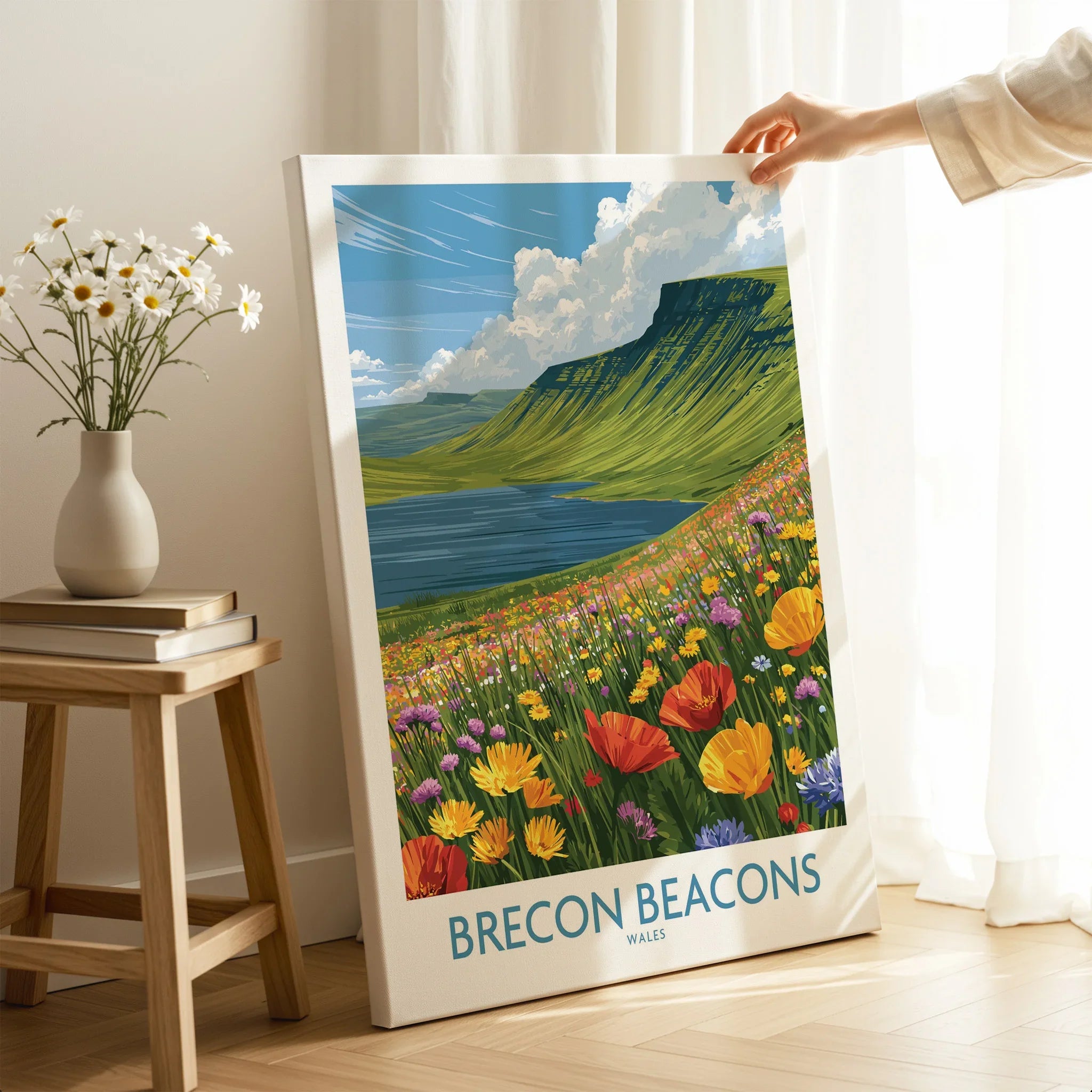 Brecon Beacons Wales Mountain Lake Wall Art — canvas print mirror edge hand holding room setting