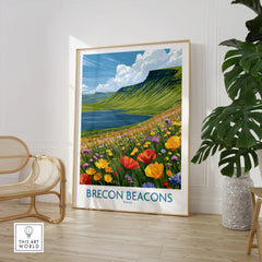 Brecon Beacons Wales Mountain Lake Wall Art — large framed print room setting chair plant