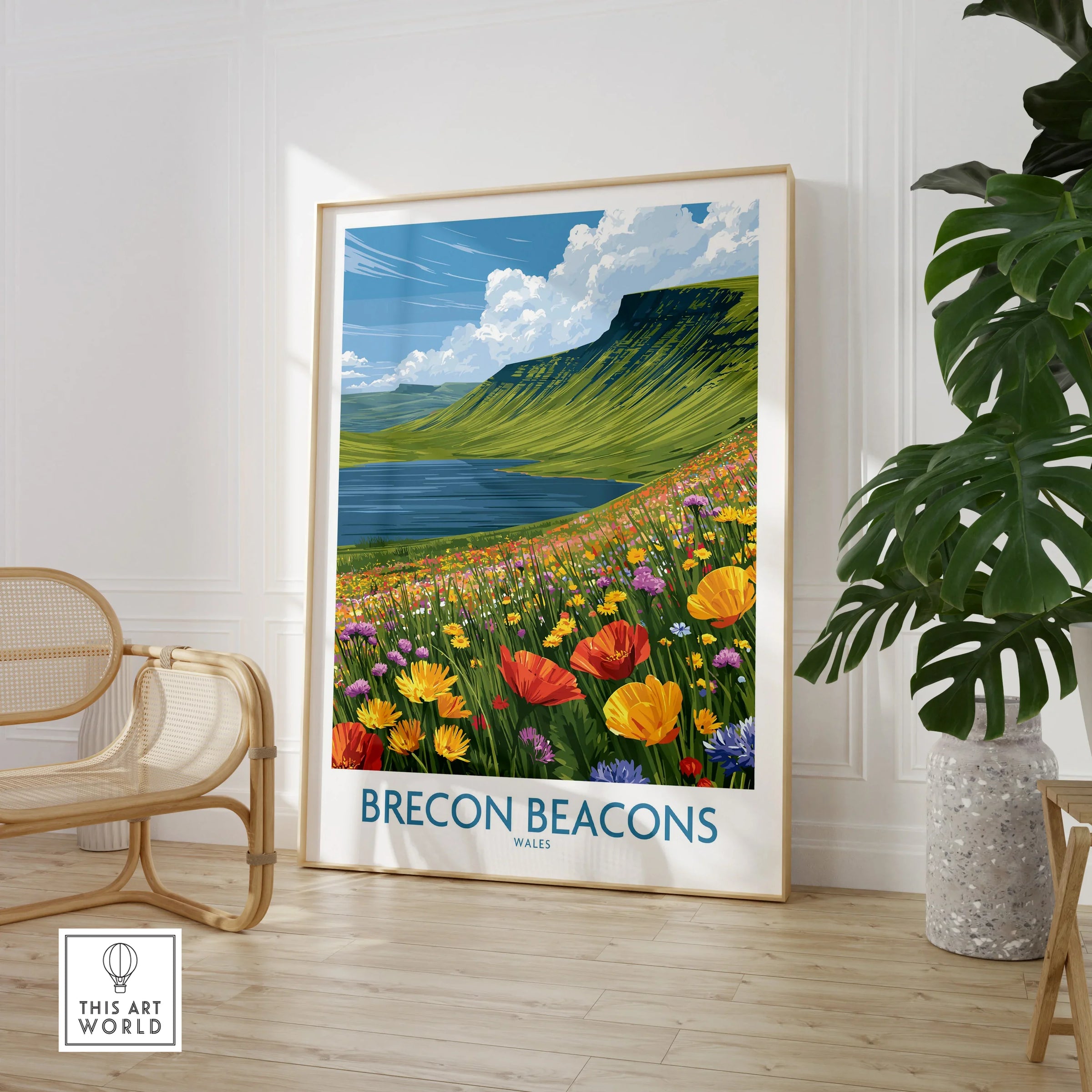 Brecon Beacons Wales Mountain Lake Wall Art — large framed print room setting chair plant