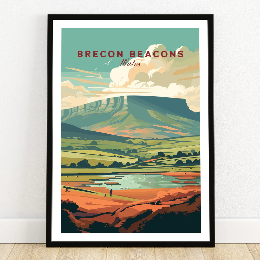 Brecon Beacons Wales Landscape Travel Poster — art print in black frame on wooden floor