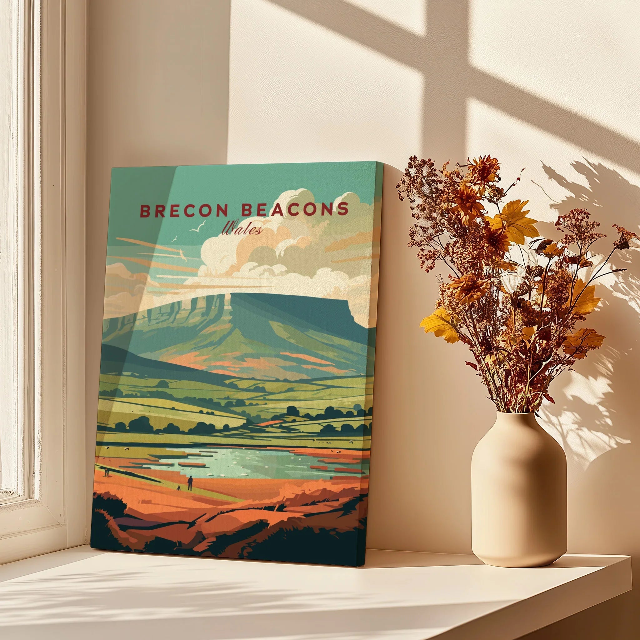 Brecon Beacons Wales Landscape Travel Poster — canvas print window setting with shadows flowers