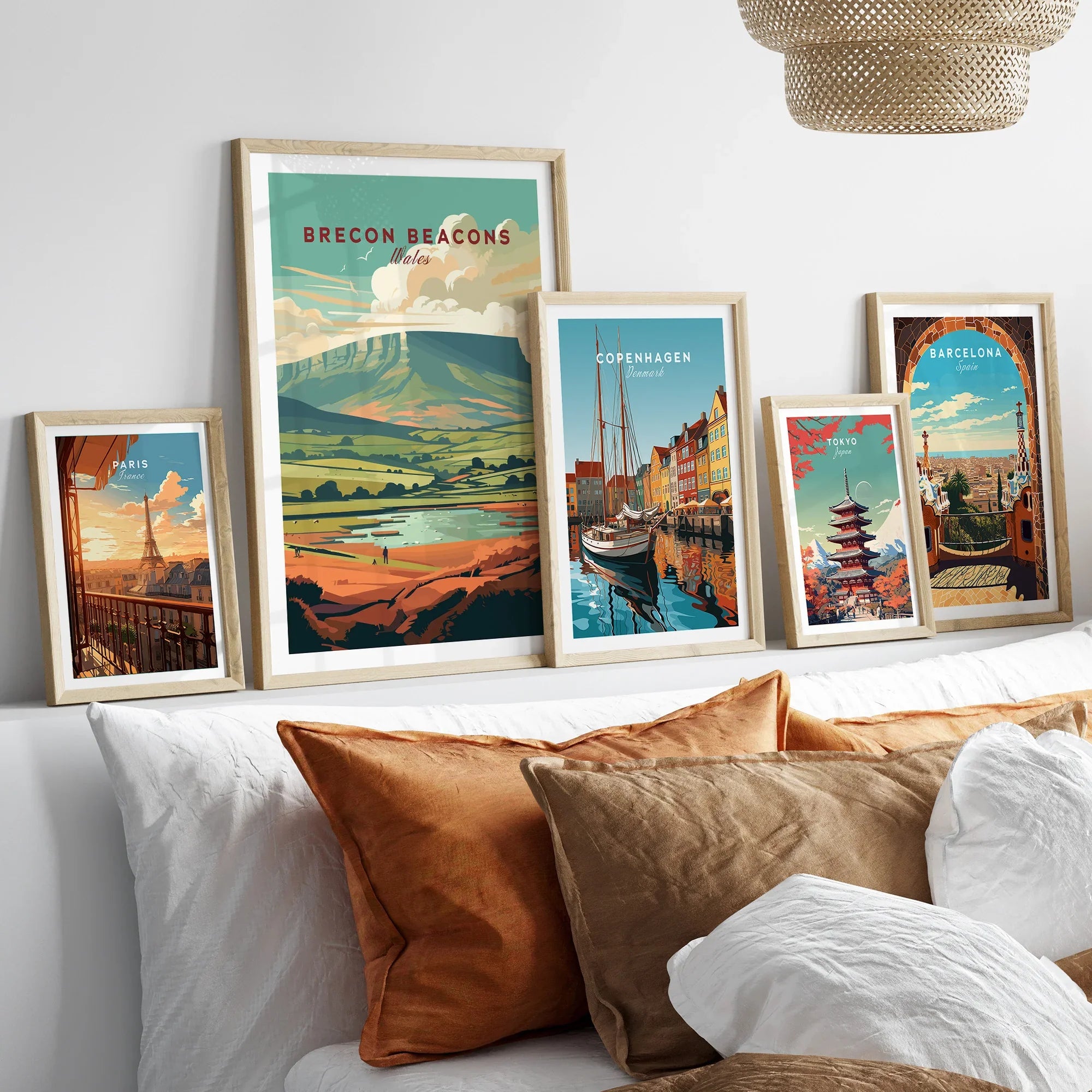 Brecon Beacons Wales Landscape Travel Poster — set five framed artprints above bed natural wood frames