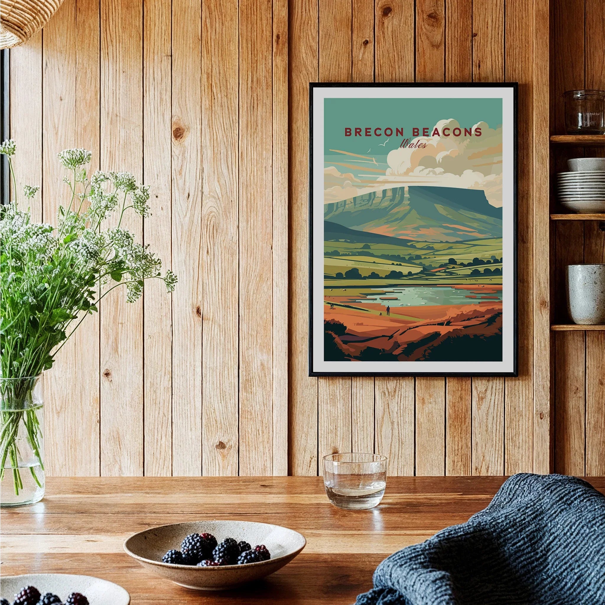 Brecon Beacons Wales Landscape Travel Poster — black framed art print kitchen setting
