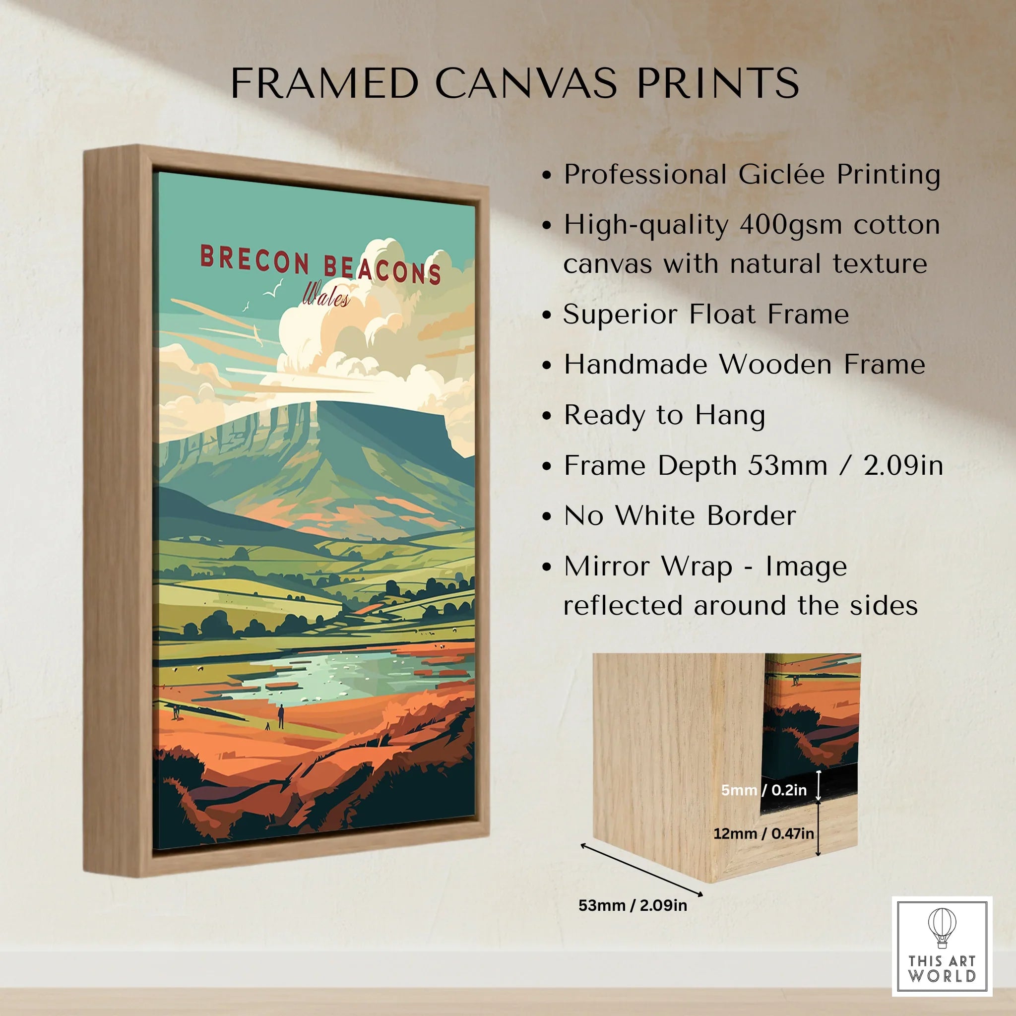 Brecon Beacons Wales Landscape Travel Poster — framed canvas float frame details quality