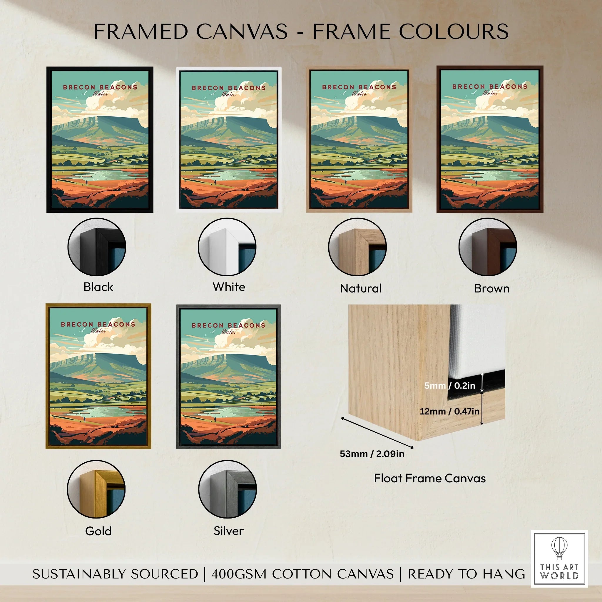 Brecon Beacons Wales Landscape Travel Poster — framed canvas float frame colour options