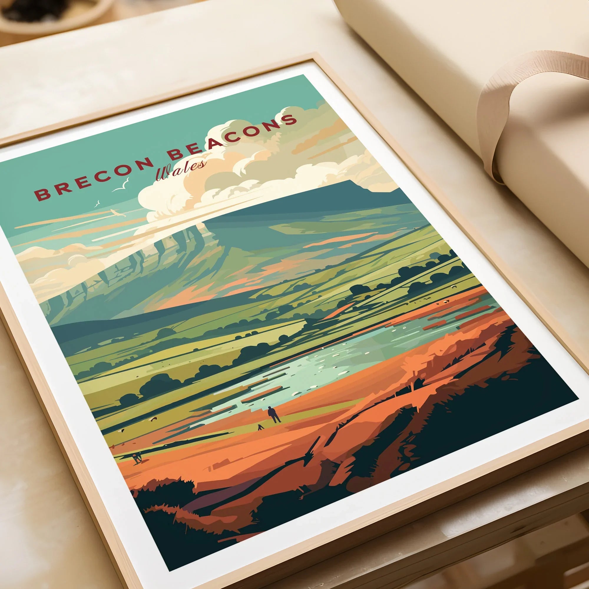 Brecon Beacons Wales Landscape Travel Poster — framed art print closeup gift unwrapped natural frame