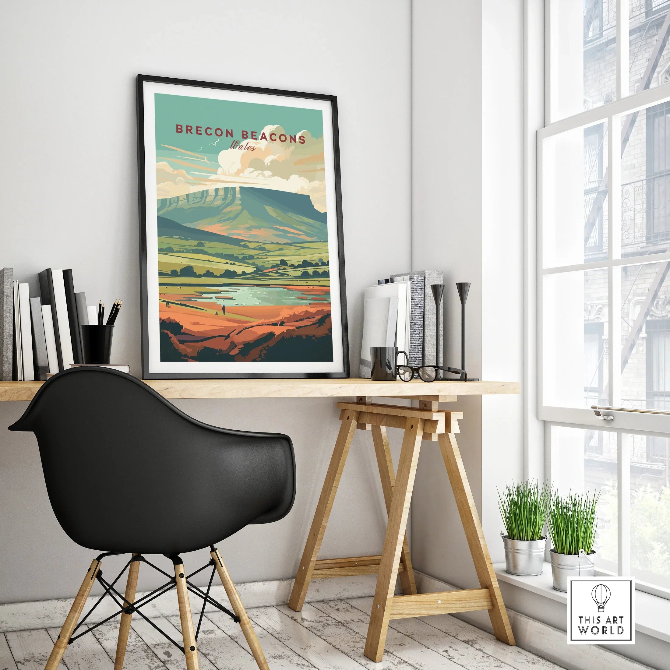 Brecon Beacons Wales Landscape Travel Poster — framed poster black frame on office desk modern