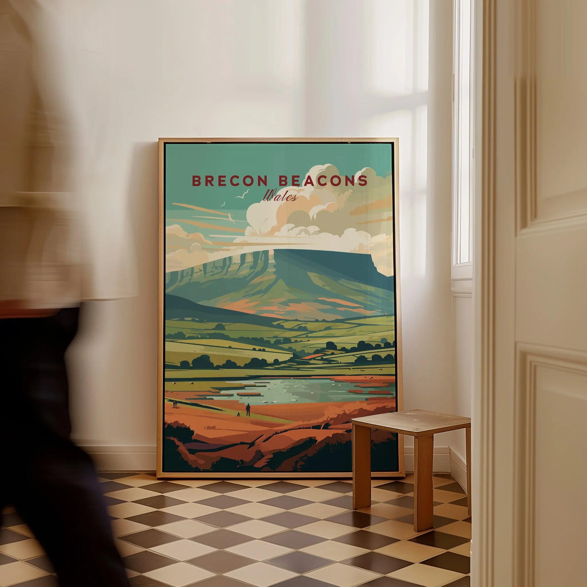 Brecon Beacons Wales Landscape Travel Poster — framed canvas on floor man walking past