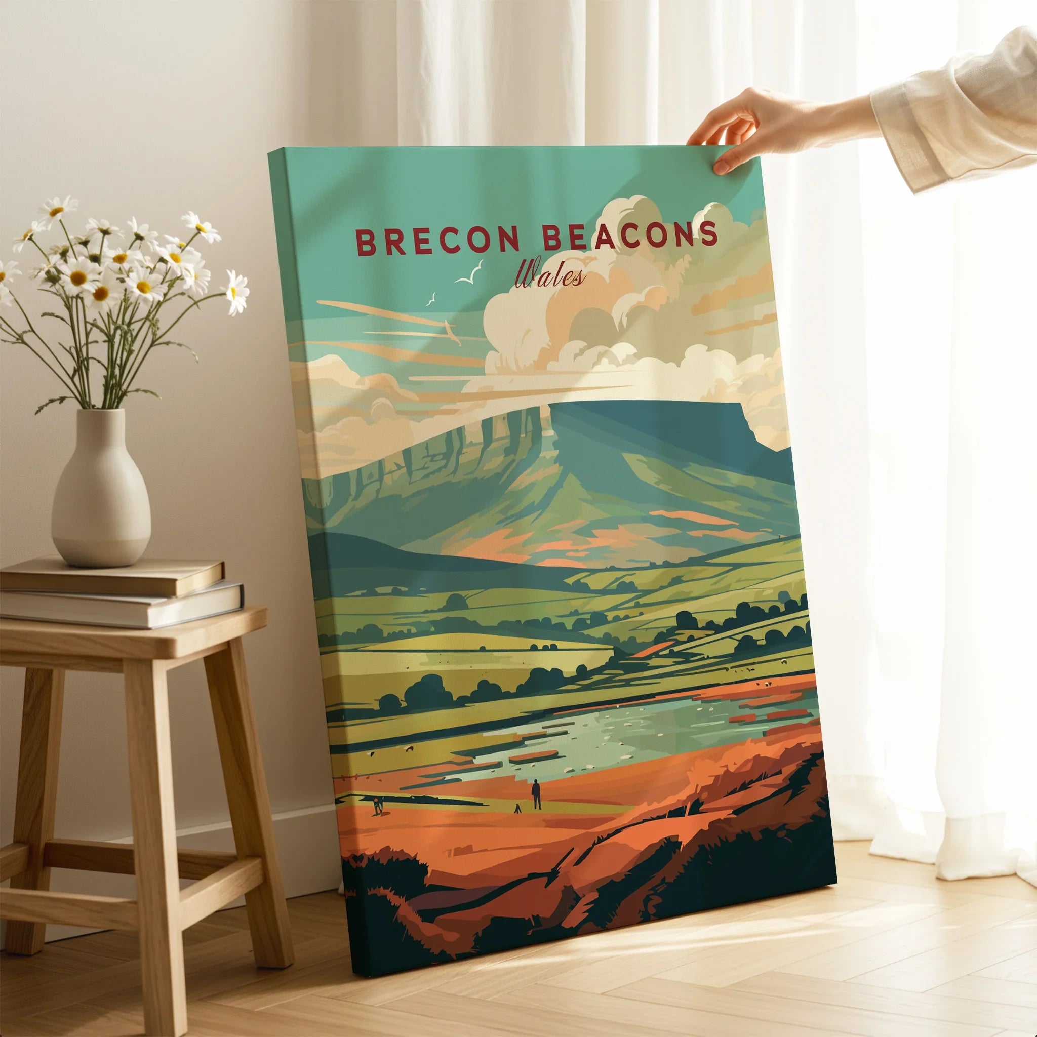 Brecon Beacons Wales Landscape Travel Poster — canvas print mirror edge hand holding room setting