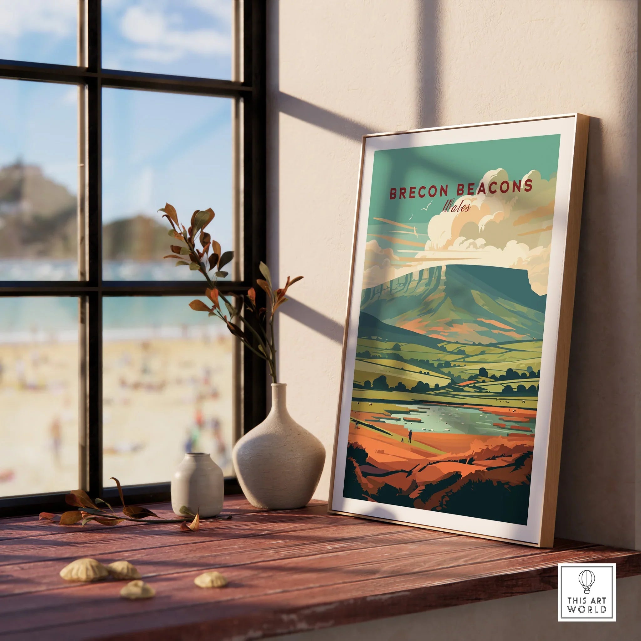 Brecon Beacons Wales Landscape Travel Poster — framed print window view natural wood frame
