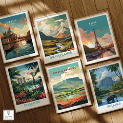 Brecon Beacons Wales Landscape Travel Poster — set six framed art prints wooden floor natural wood frames