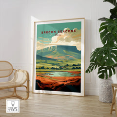 Brecon Beacons Wales Landscape Travel Poster — large framed print room setting chair plant