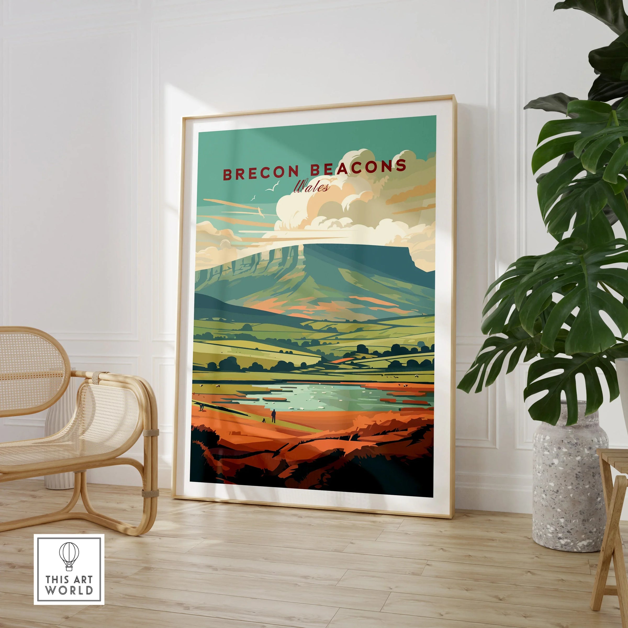 Brecon Beacons Wales Landscape Travel Poster — large framed print room setting chair plant