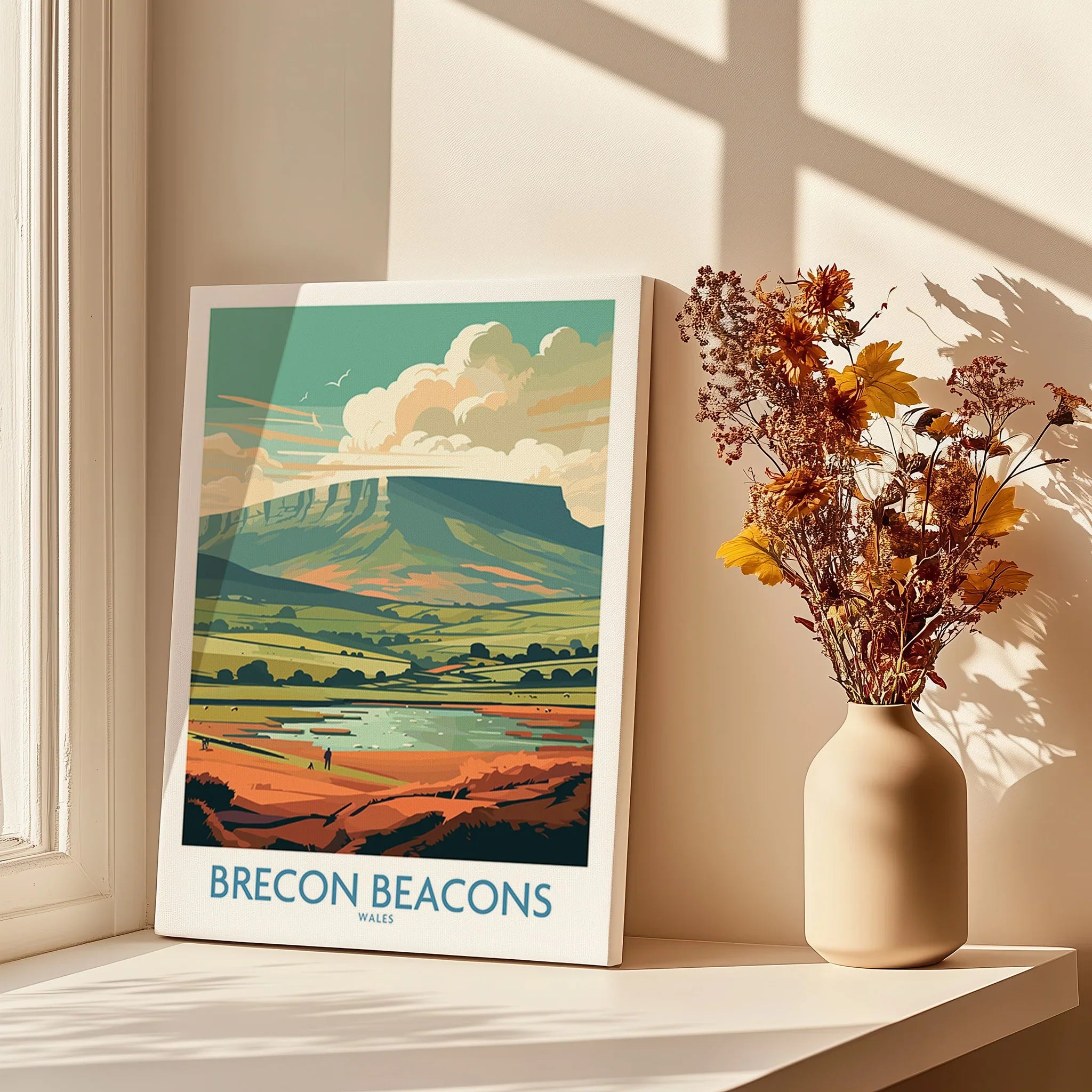 Brecon Beacons Wales Landscape Wall Art — canvas print window setting with shadows flowers