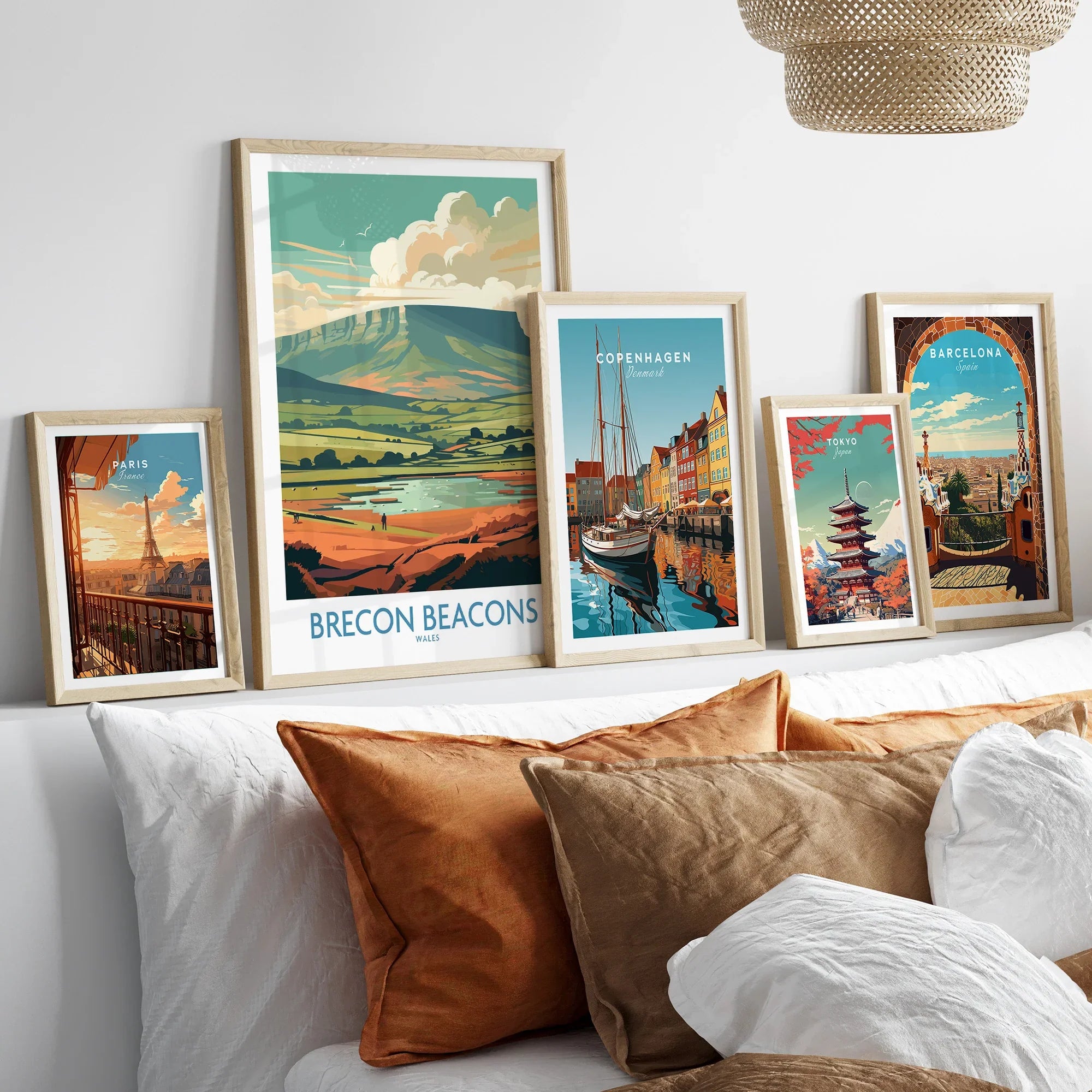Brecon Beacons Wales Landscape Wall Art — set five framed artprints above bed natural wood frames