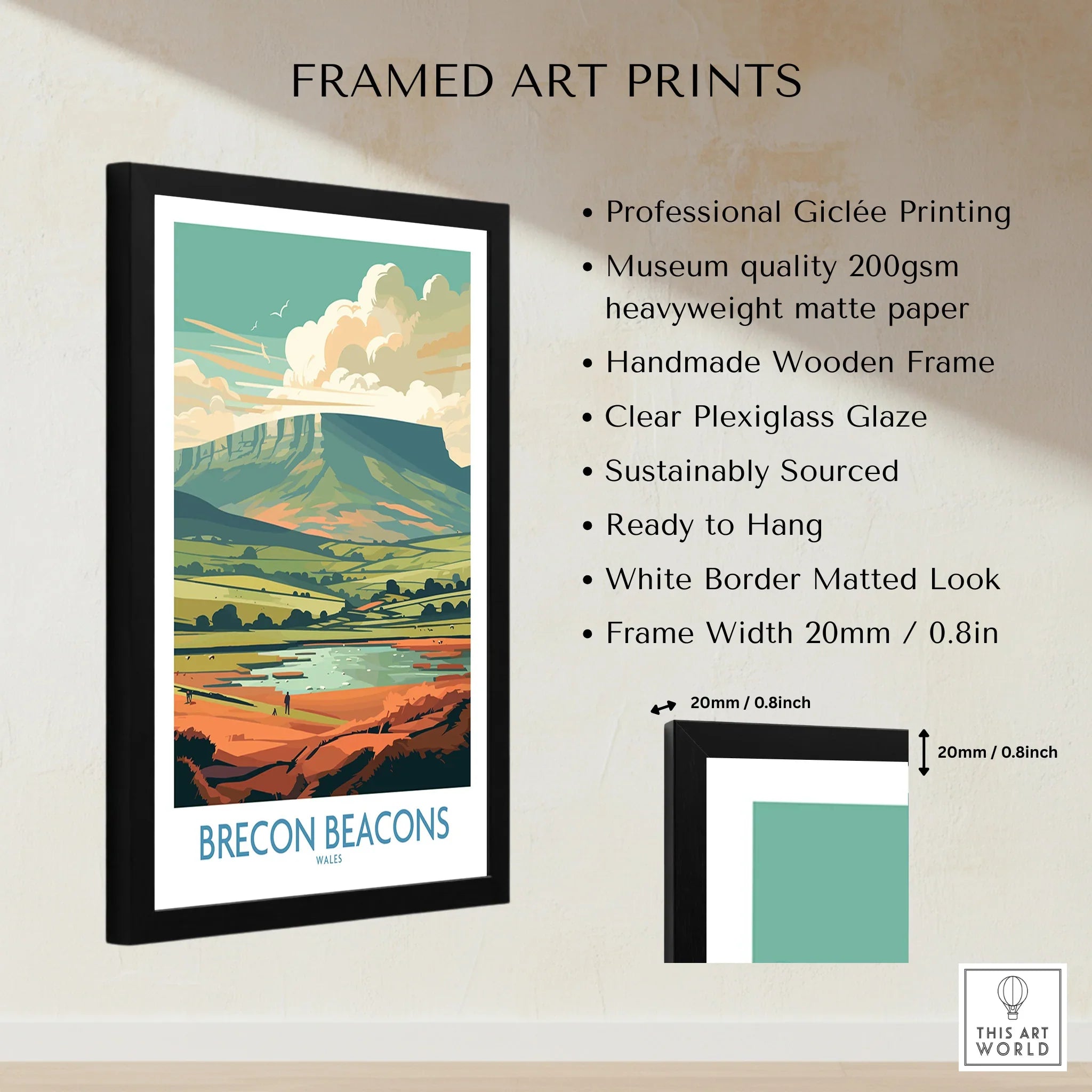 Brecon Beacons Wales Landscape Wall Art — framed print details measurements quality details