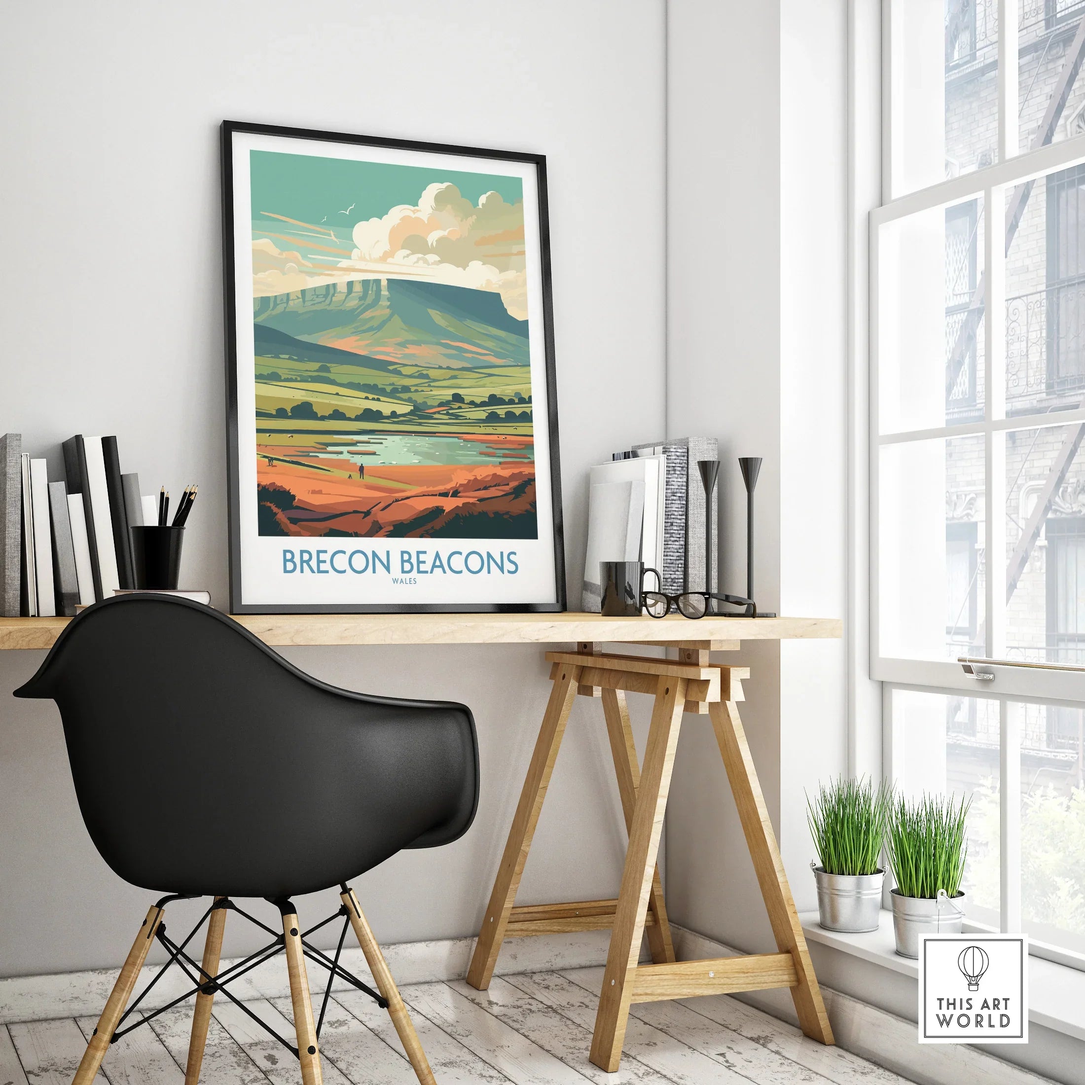 Brecon Beacons Wales Landscape Wall Art — framed poster black frame on office desk modern