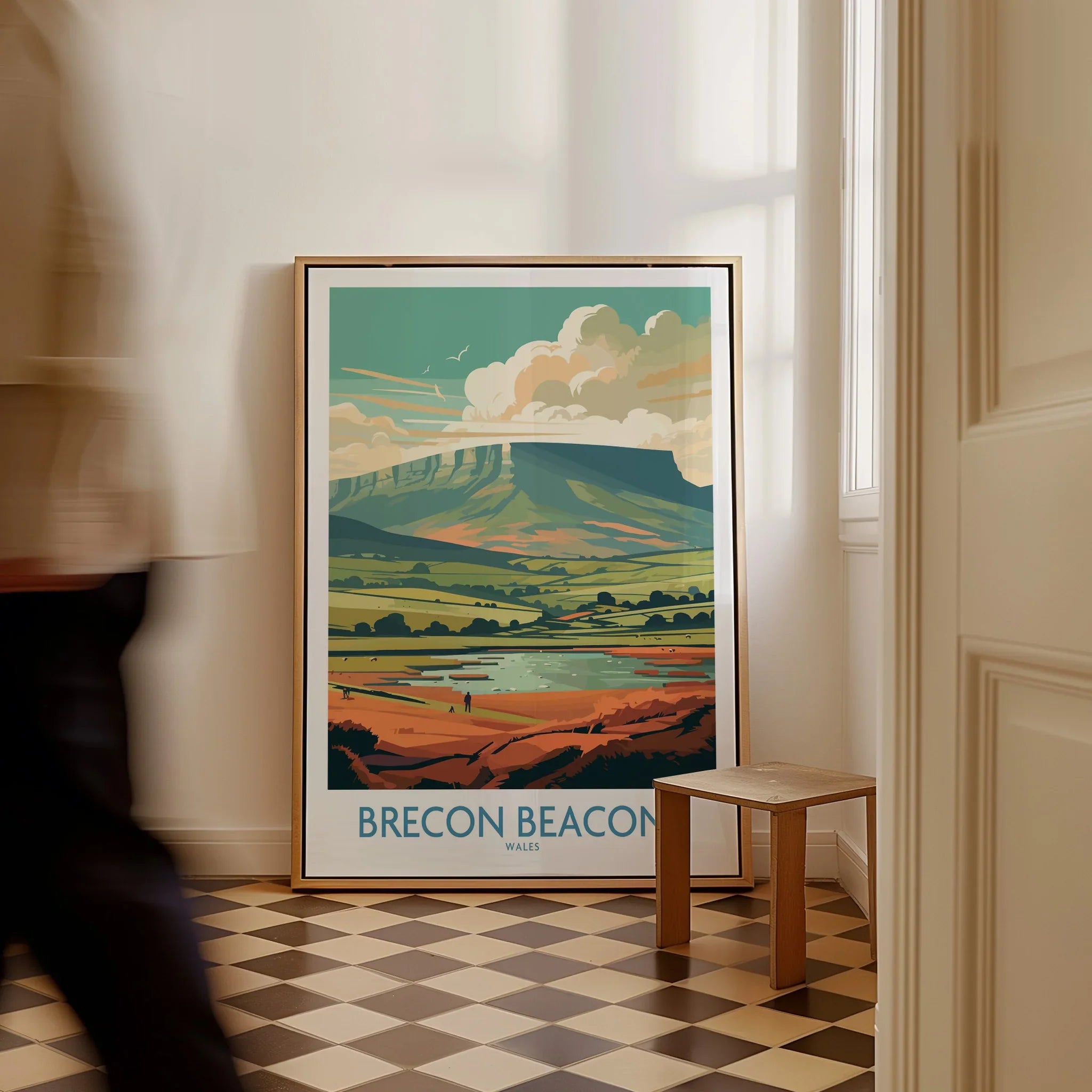 Brecon Beacons Wales Landscape Wall Art — framed canvas on floor man walking past
