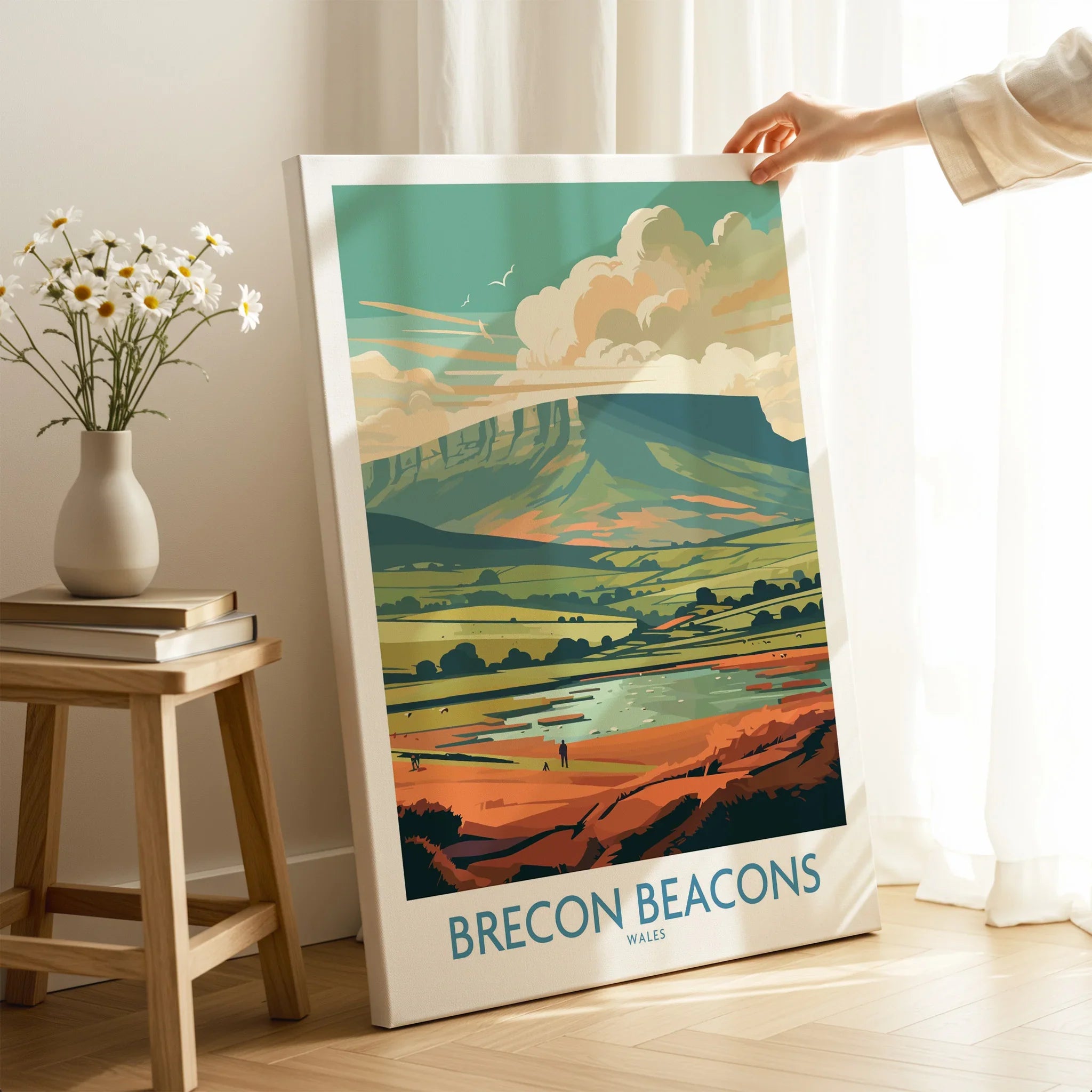 Brecon Beacons Wales Landscape Wall Art — canvas print mirror edge hand holding room setting