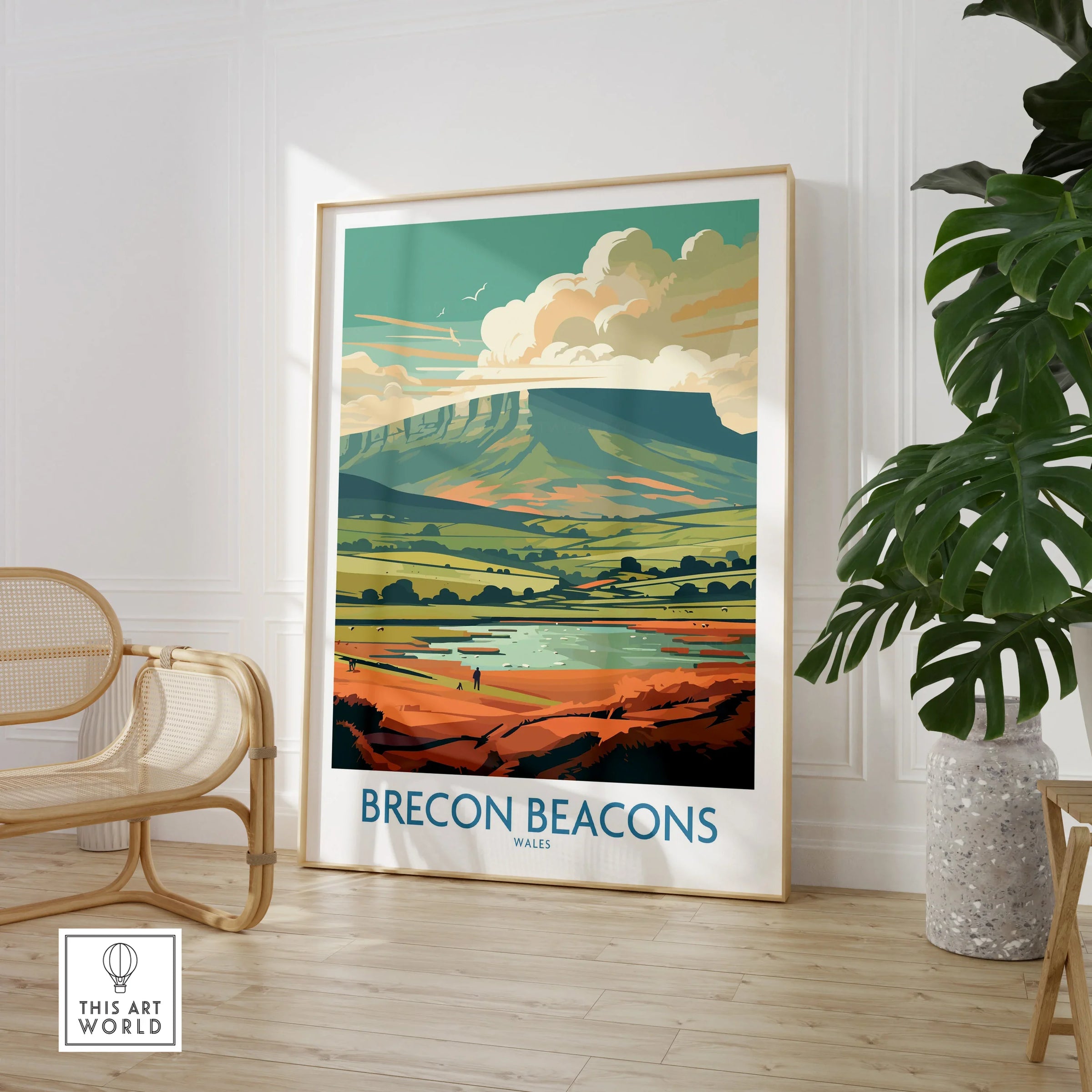 Brecon Beacons Wales Landscape Wall Art — large framed print room setting chair plant