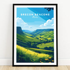Brecon Beacons Wales Countryside Travel Poster — art print in black frame on wooden floor
