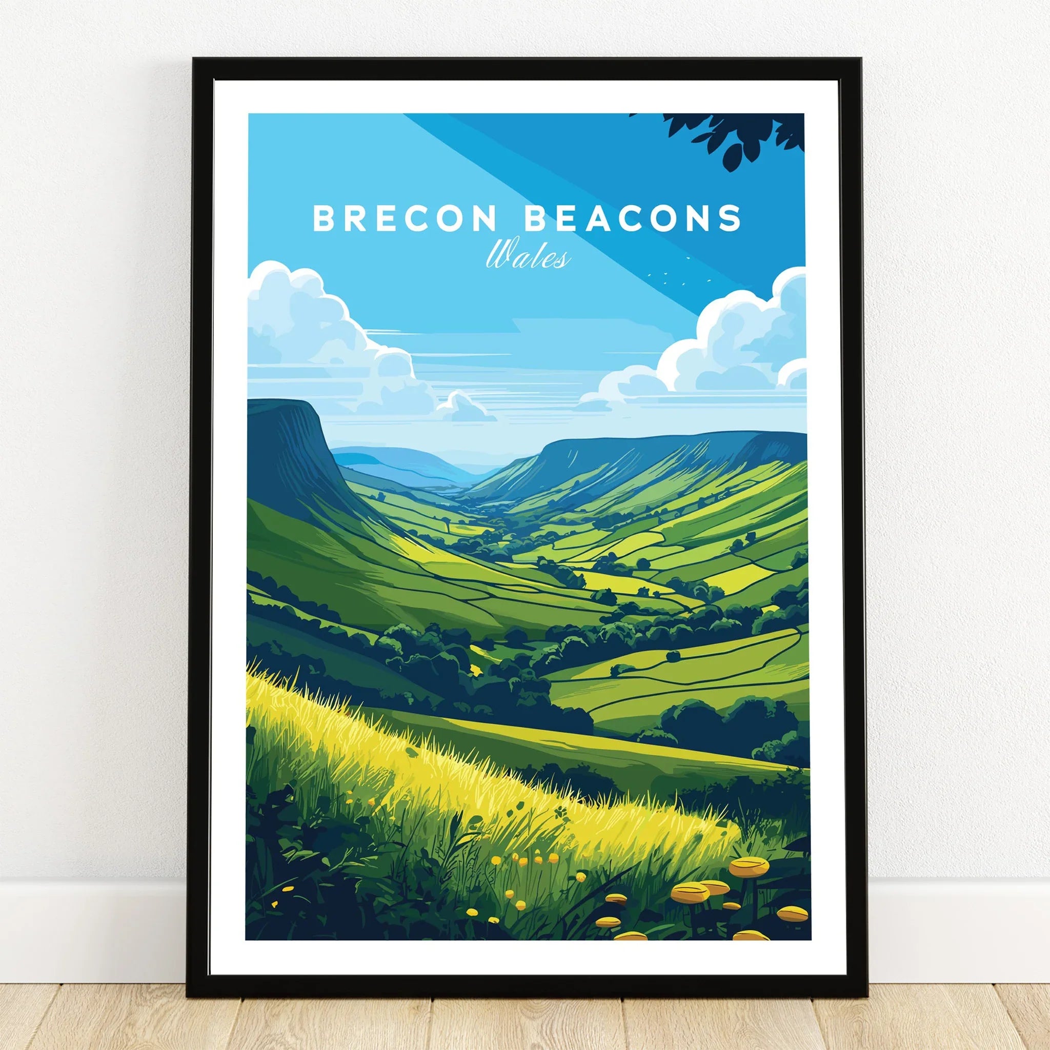 Brecon Beacons Wales Countryside Travel Poster — art print in black frame on wooden floor