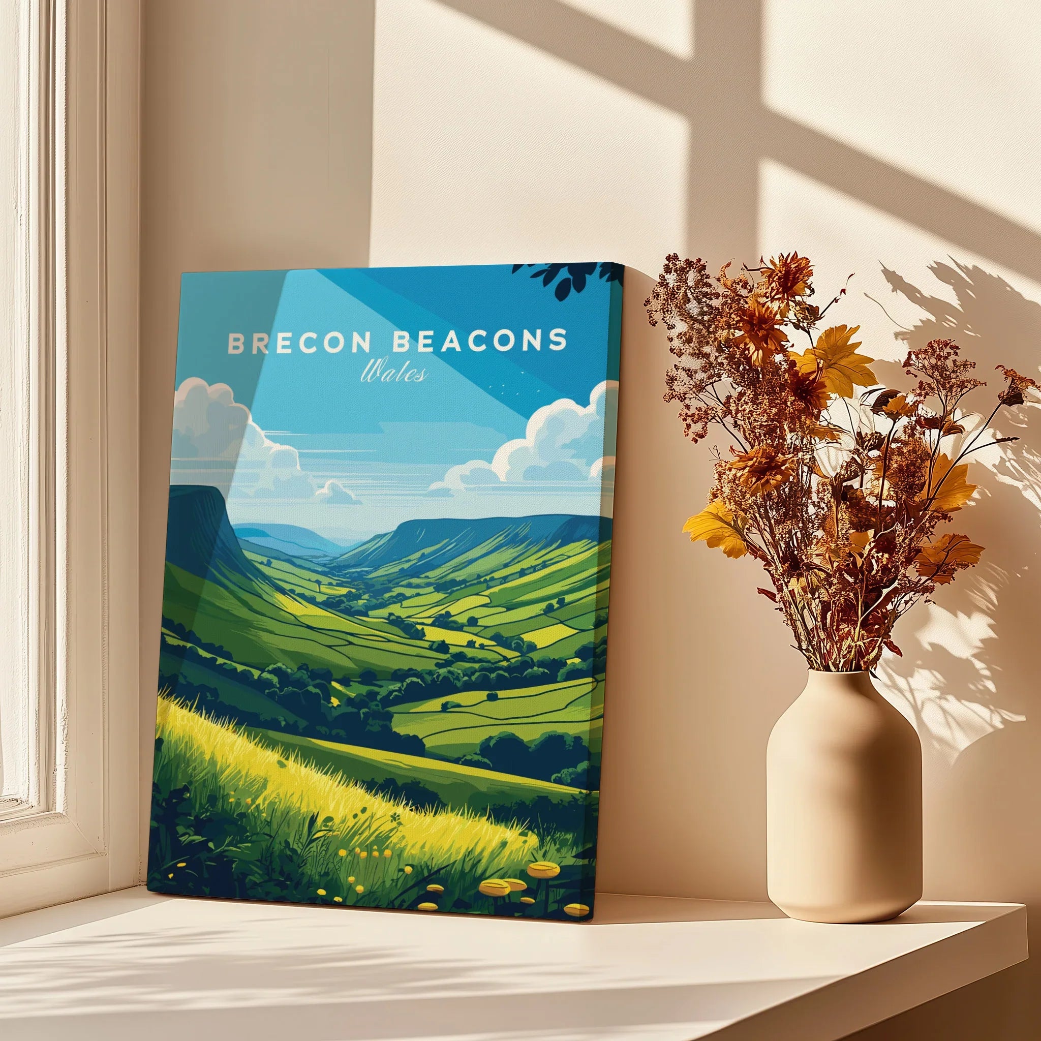 Brecon Beacons Wales Countryside Travel Poster — canvas print window setting with shadows flowers