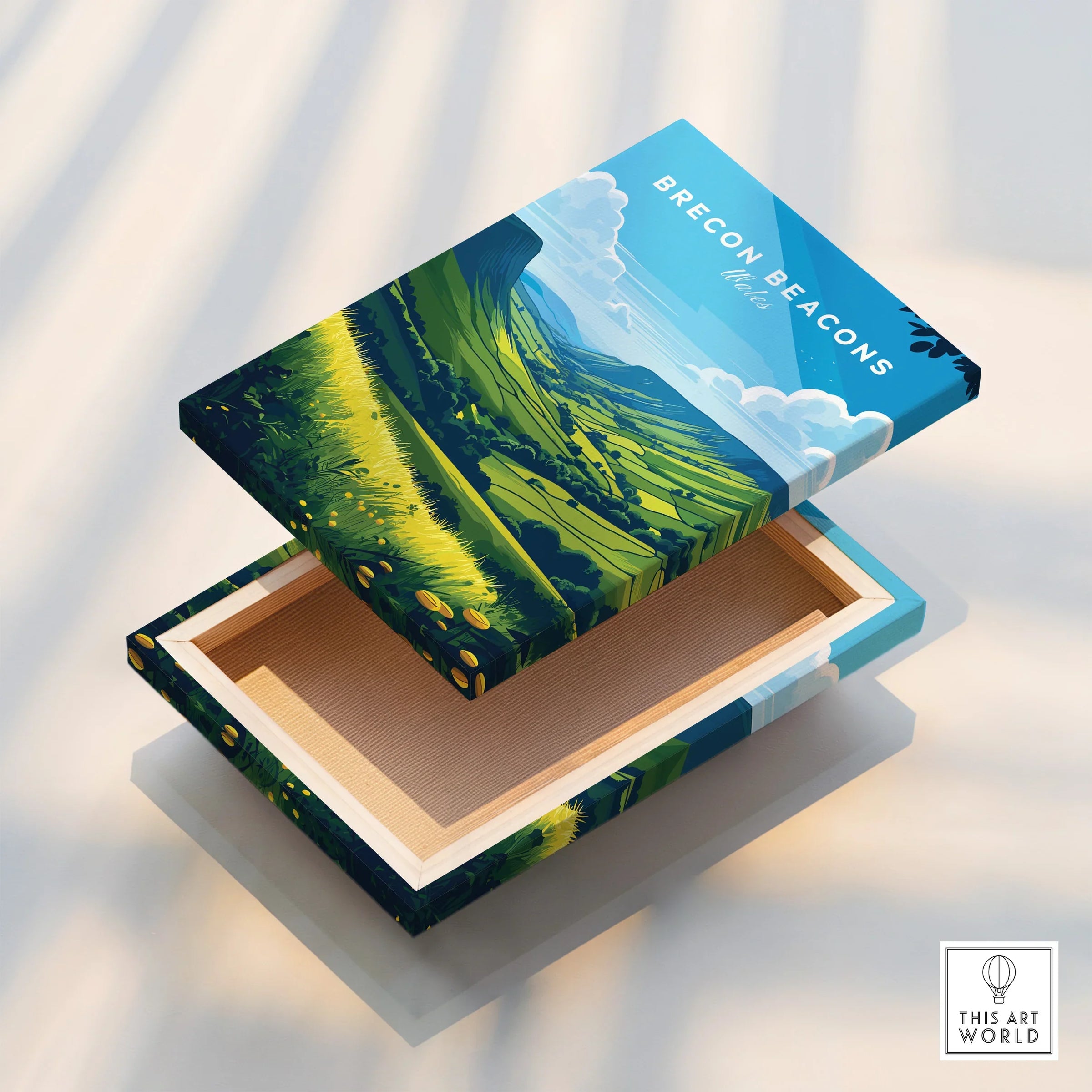 Brecon Beacons Wales Countryside Travel Poster — stretched canvas print floating detail mirror edge