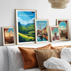 Brecon Beacons Wales Countryside Travel Poster — set five framed artprints above bed natural wood frames