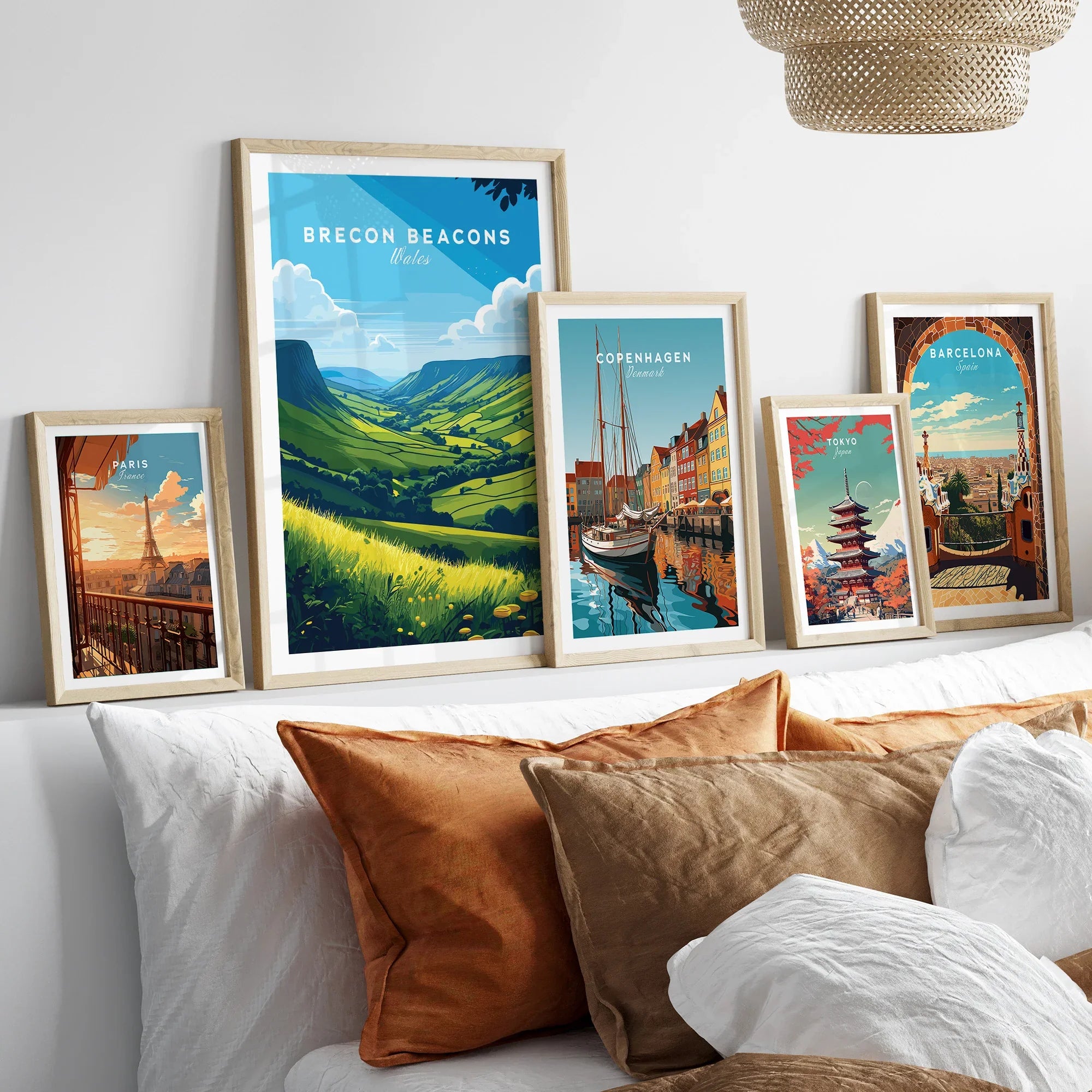 Brecon Beacons Wales Countryside Travel Poster — set five framed artprints above bed natural wood frames
