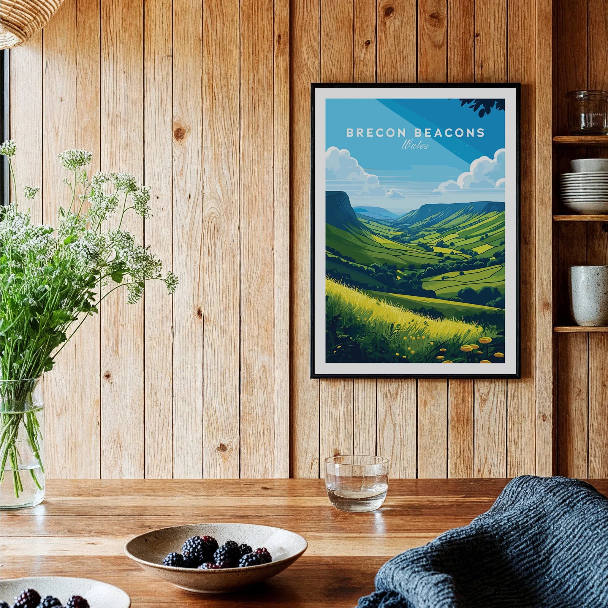 Brecon Beacons Wales Countryside Travel Poster — black framed art print kitchen setting