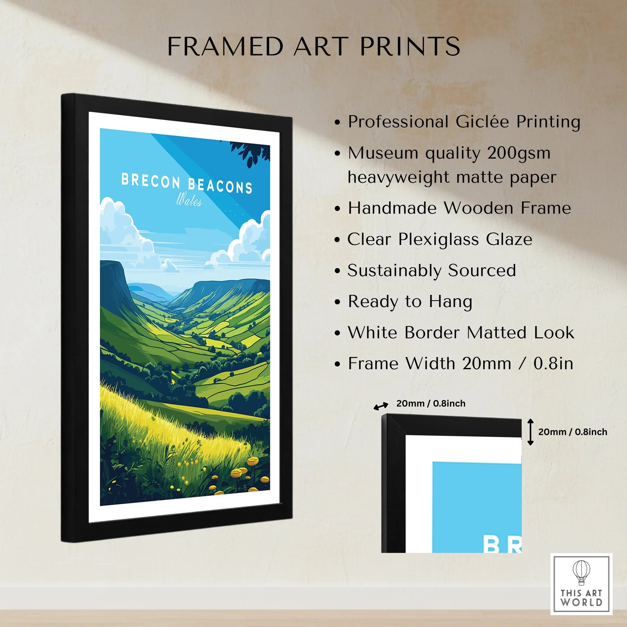 Brecon Beacons Wales Countryside Travel Poster — framed print details measurements quality details