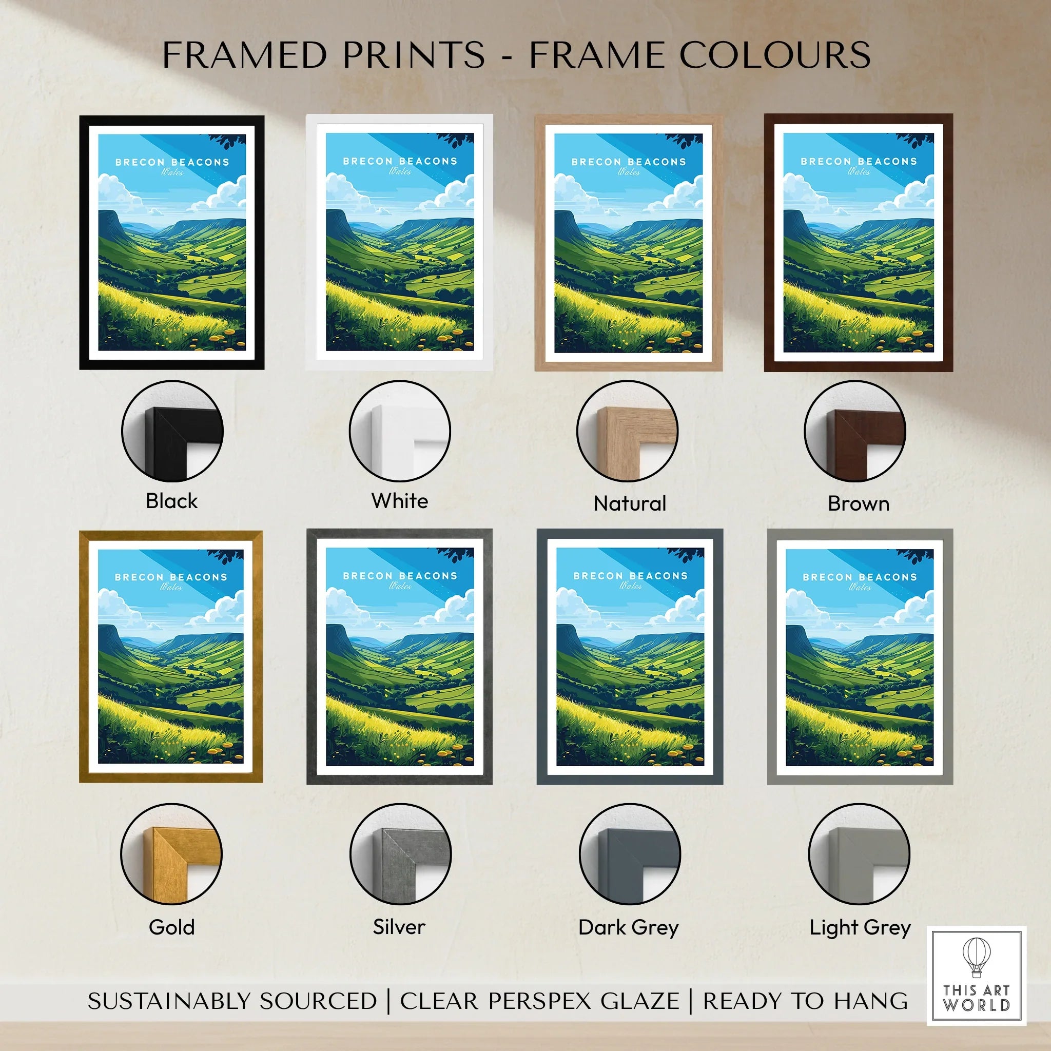 Brecon Beacons Wales Countryside Travel Poster — framed print colour options