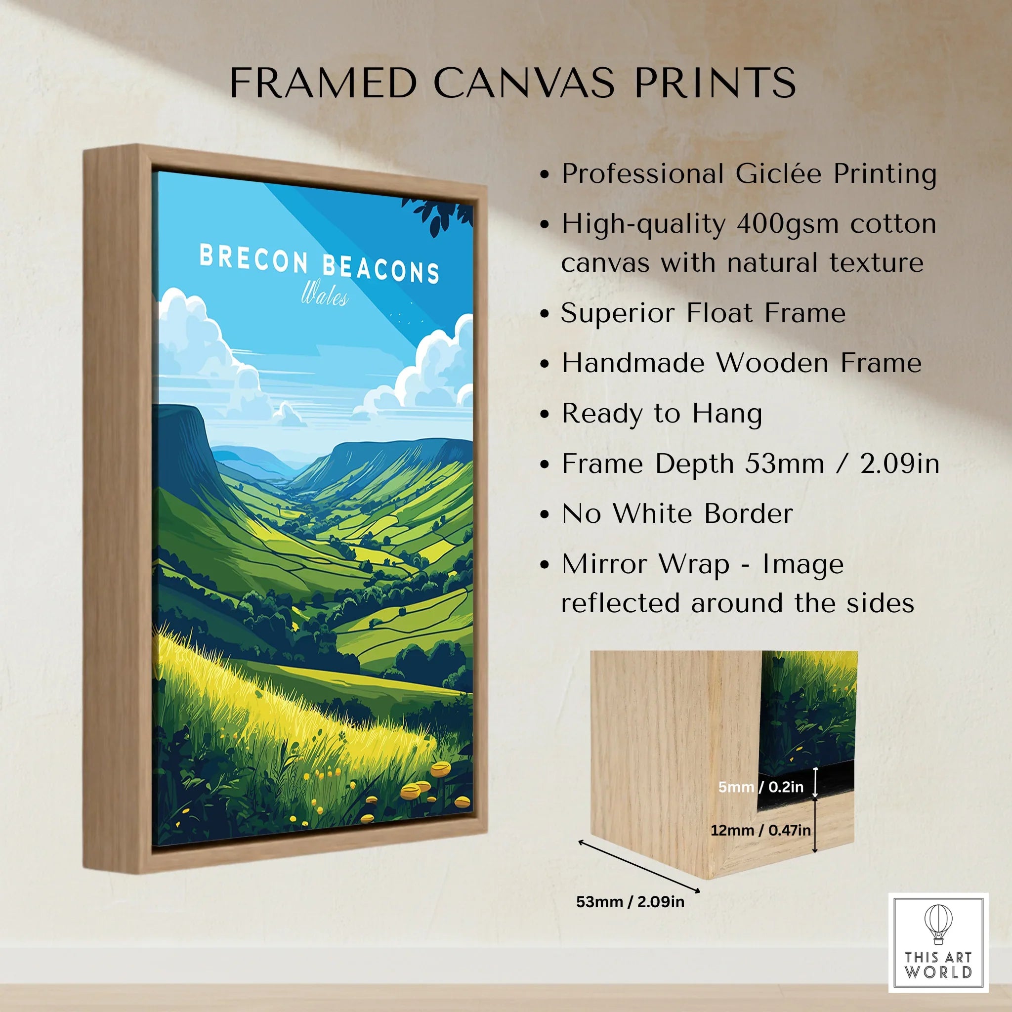 Brecon Beacons Wales Countryside Travel Poster — framed canvas float frame details quality