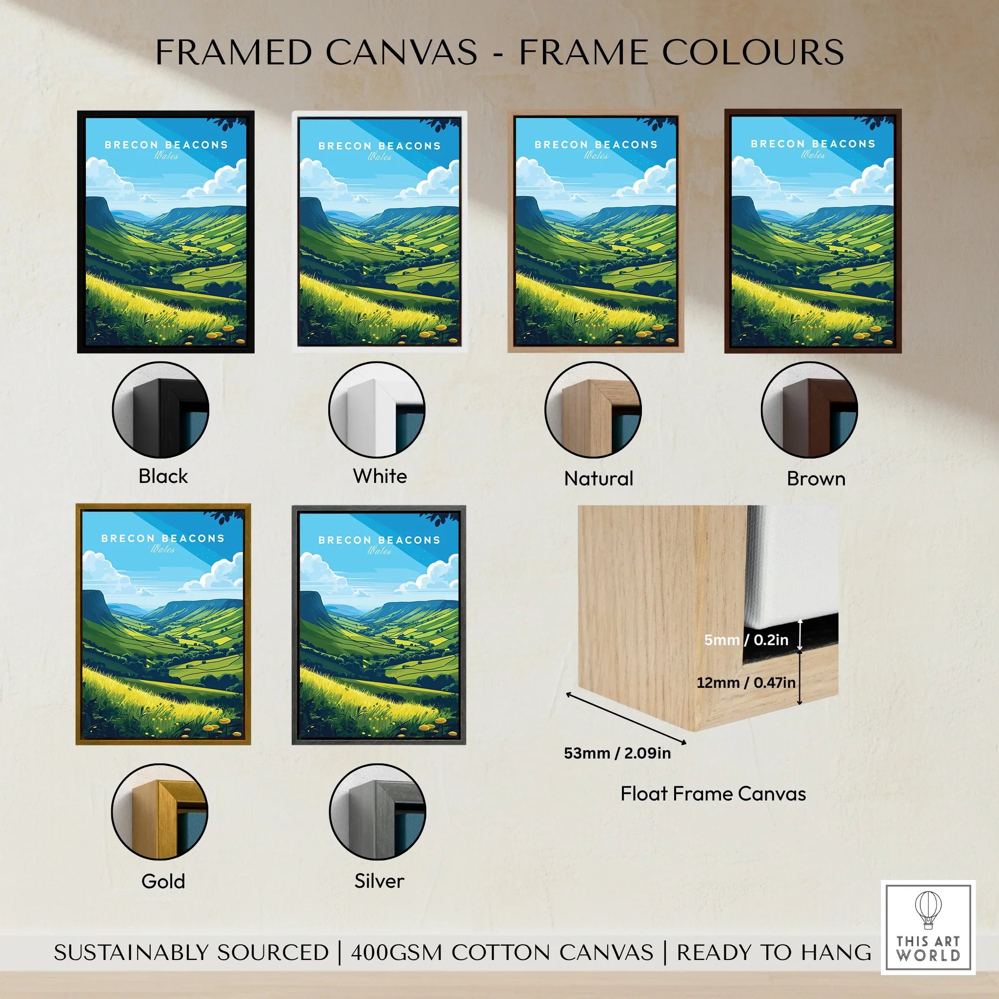 Brecon Beacons Wales Countryside Travel Poster — framed canvas float frame colour options