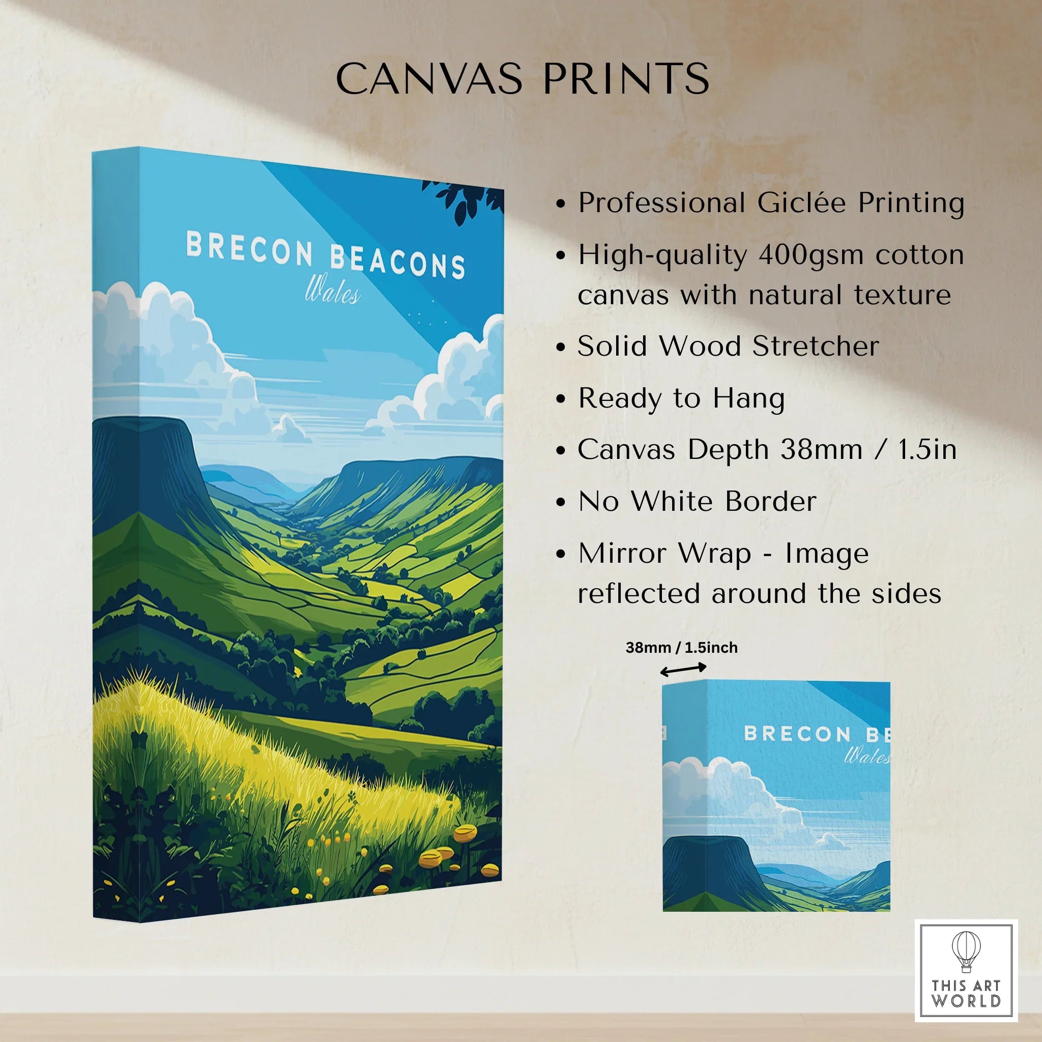 Brecon Beacons Wales Countryside Travel Poster — canvas print stretched cotton canvas details